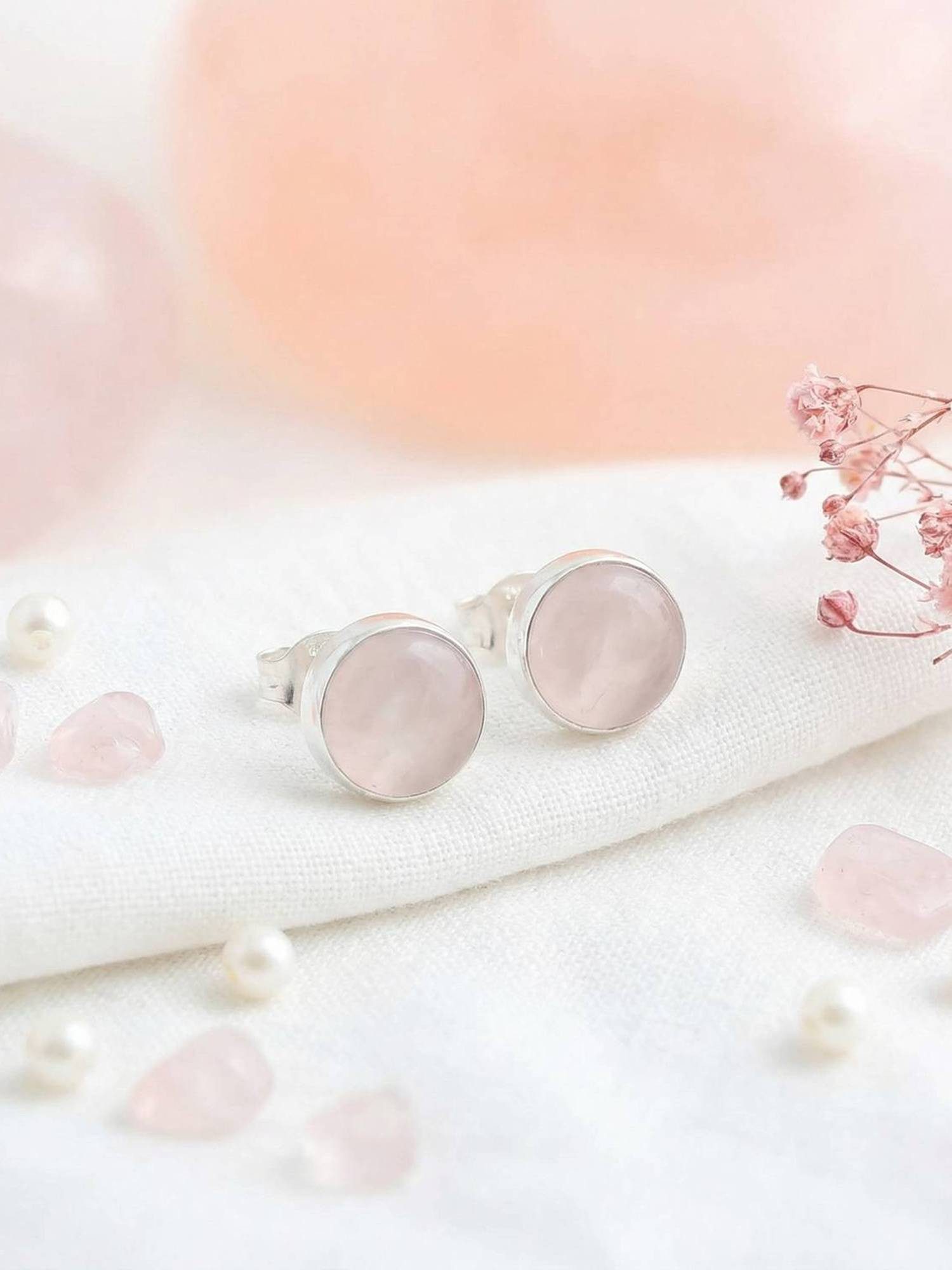 mantraroma Paar Ohrstecker SAMA rund medium aus 925 Silber mit Rosenquarz (Paar, Paar Ohrringe mit Schmuckbeutel), 925 Sterling Silber Ohrringe für Damen
