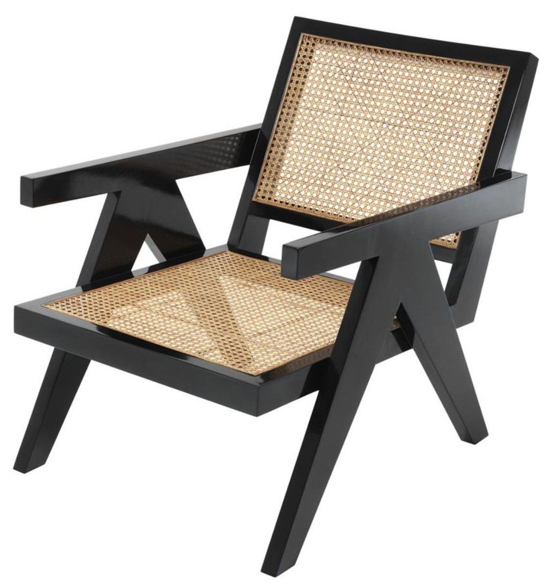 Casa Padrino Armlehnstuhl Designer Stuhl mit Armlehnen in schwarz / naturfarben 58 x 82 x H. 70 cm - Designermöbel