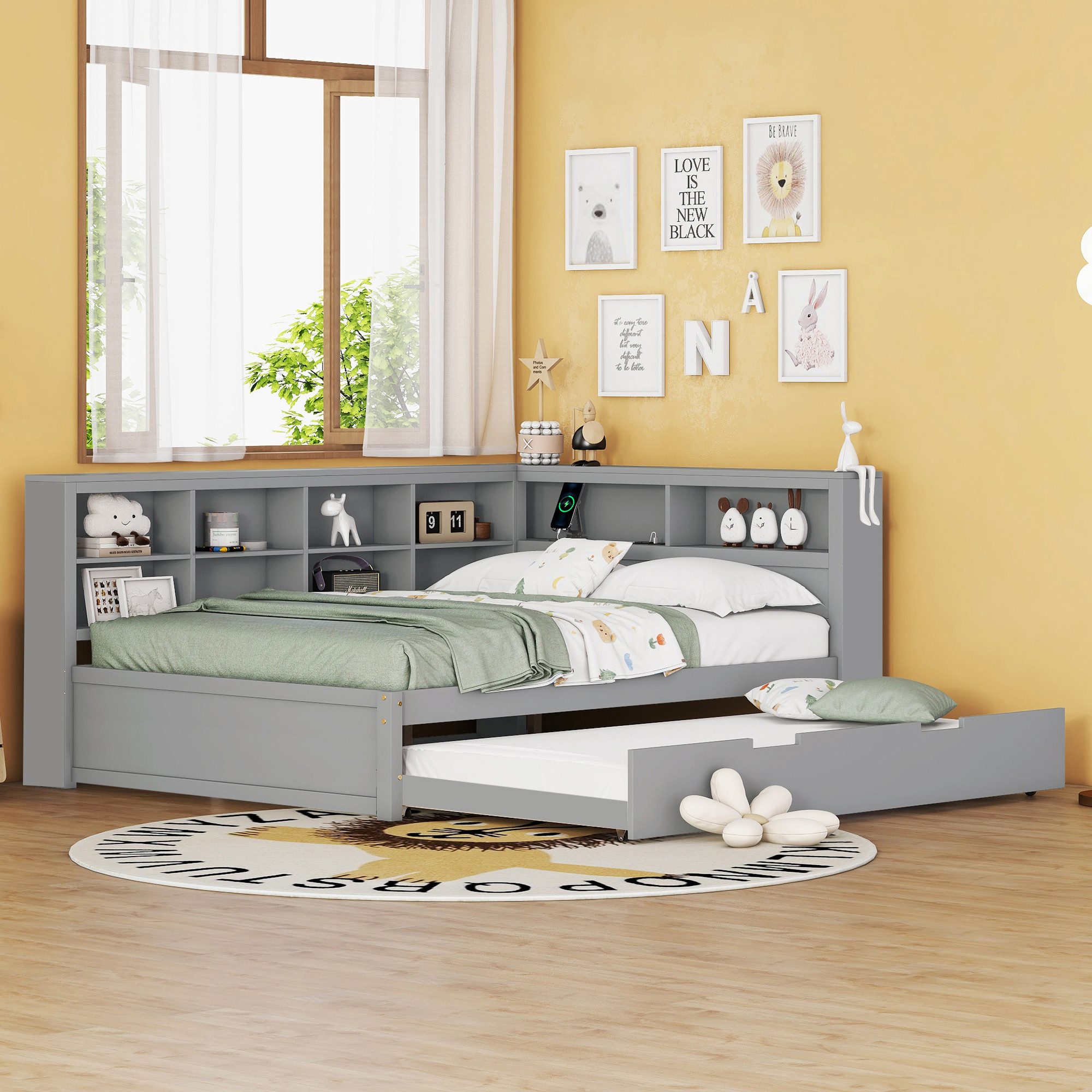 REDOM Stauraumbett aus Massivholz, Ausziehbett 90x190 cm, USB-Steckdose und Stauraum (Kinderbett Holzbett, 140x200cm(90x190cm), ohne Matratze
