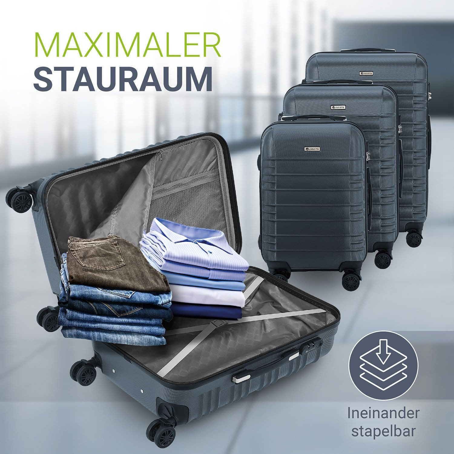 Juskys Trolleyset Rom, 4 Rollen, (3 tlg., 3-teilig), 3 Koffer, 360° Rollen, robuste Hartschale, mit Zahlenschloss