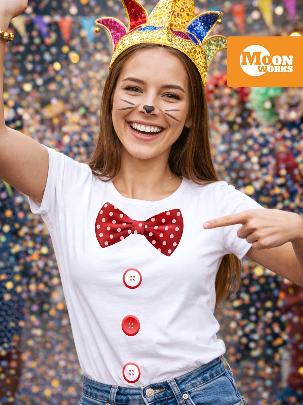MoonWorks Print-Shirt Damen T-Shirt Fliege Knöpfe Schleife Clown Fasching Fastnacht mit Print