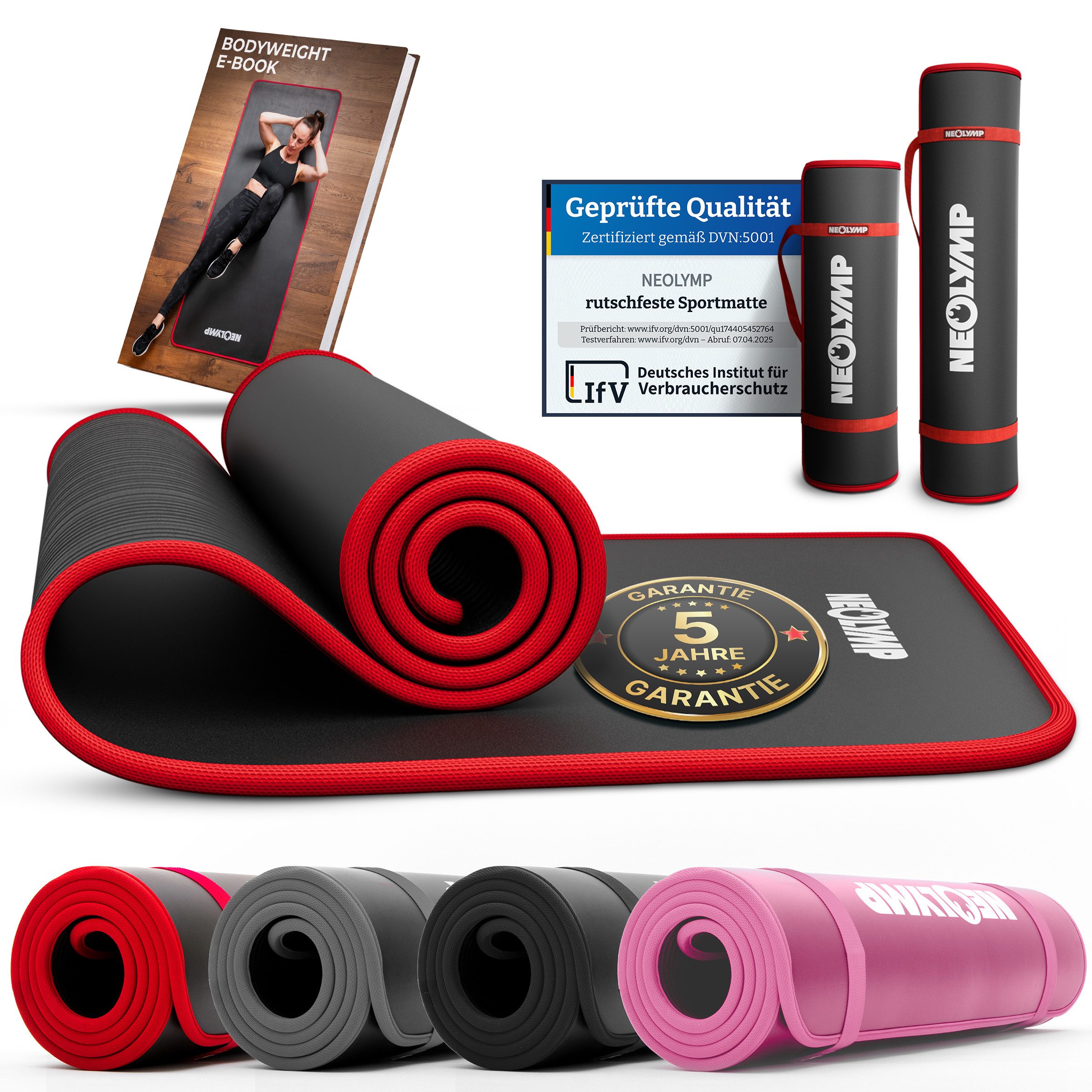 NEOLYMP Fitnessmatte Fitnessmatte 61cm breit – extra dick und rutschfest (Sportmatte mit Tragegurt), rutschfest, gelenkschonend, schalldämpfend, langlebig, Stoffkanten