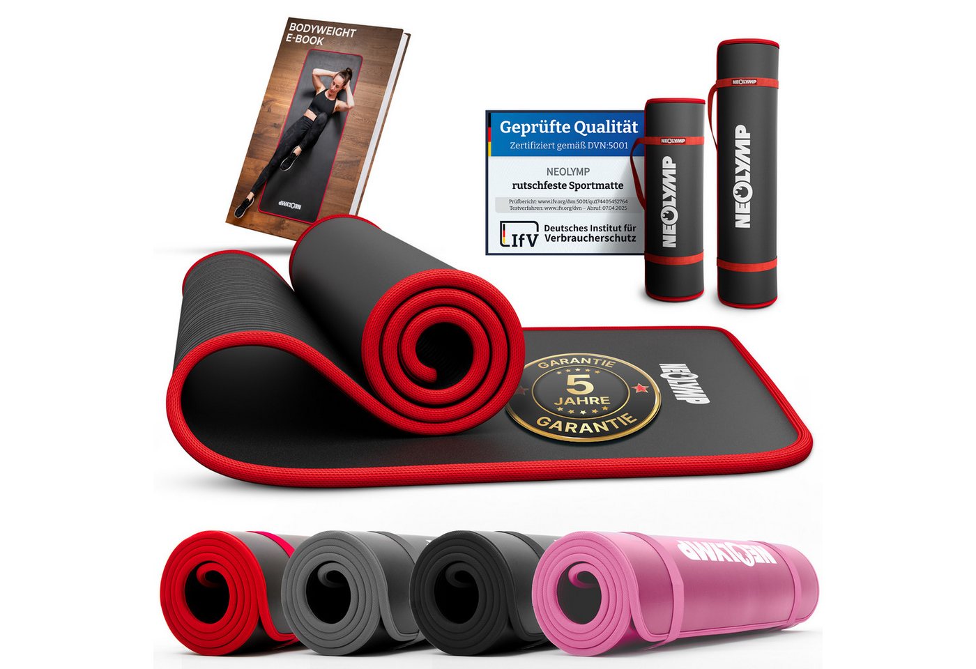 NEOLYMP Fitnessmatte Fitnessmatte 61cm breit – extra dick und rutschfest (Sportmatte mit Tragegurt), rutschfest, gelenkschonend, schalldämpfend, langlebig, Stoffkanten