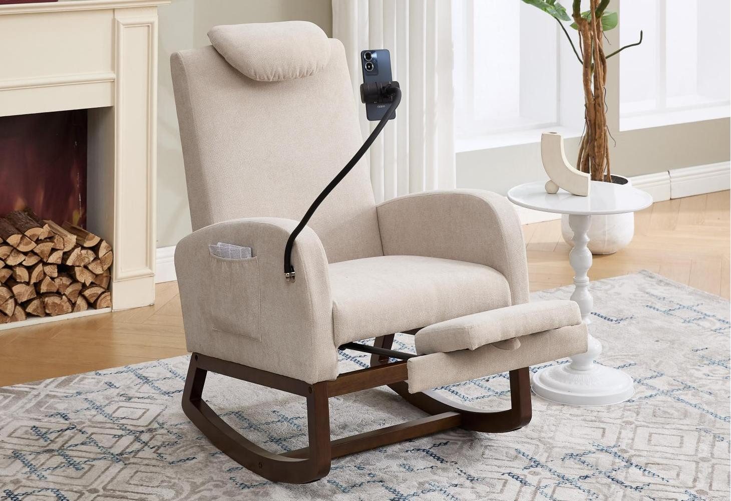 LVHOM Schaukelstuhl mit hoher Rückenlehne und Kopfstütze, massiver Holzrahm günstig online kaufen