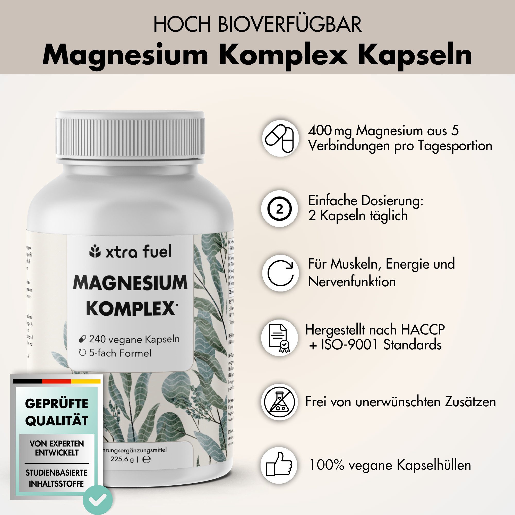 XTRA FUEL Magnesium Komplex* - 5‑fach Formel mit 400mg elementarem Magnesium Kapsel, 225,6 g