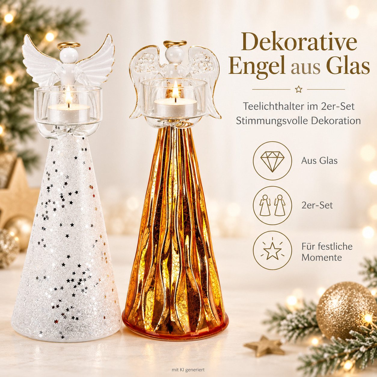 Weltbild LED-Dekofigur LED Engel mit Teelichthalter 2er Set Glas Deko Kerzenhalter, Weihnachtsdeko Adventsdeko Lichterdeko Tischdeko Winterdeko – Bild 2 von 5