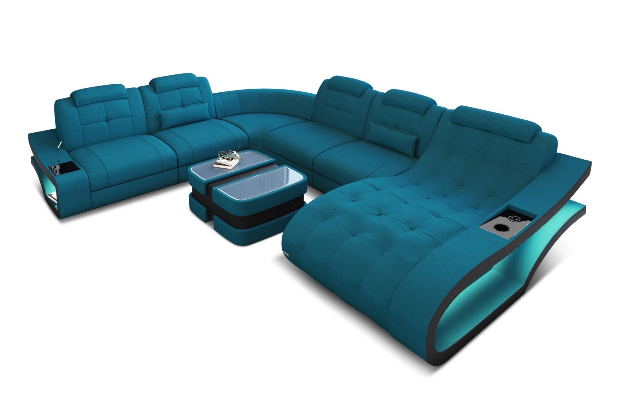 Wohnlandschaft Form Sofa mit - blau-weiß Sofa Polstersofa Dreams Stoffsofa, Stoff wahlweise Elegante XXL S Bettfunktion