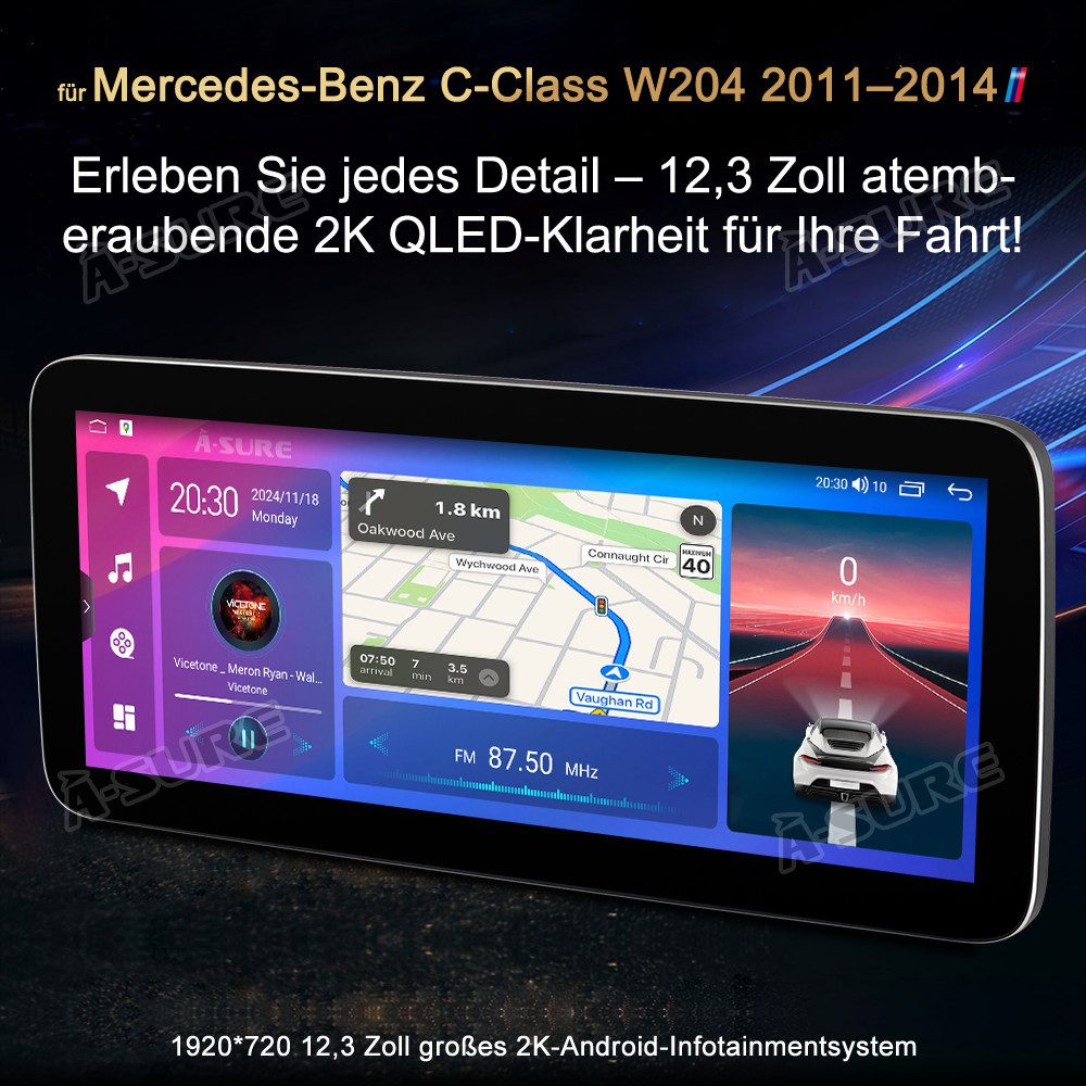 A-Sure 12.3" Android 15 Autoradio Für Mercedes-Benz C-Klasse W204 NTG 4.5 Autoradio (Digitalradio (DAB), FM, AM)