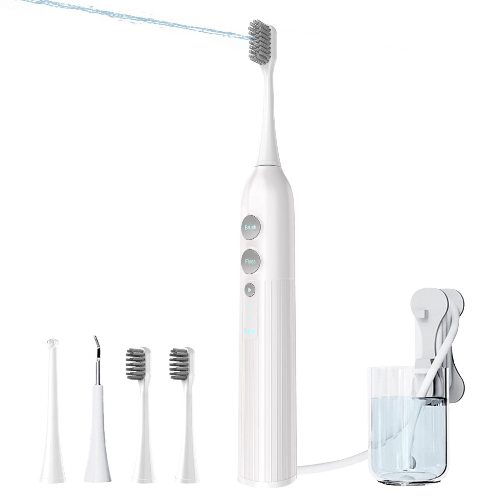 Tekoo Elektrische Zahnbürste mit Munddusche, 3in1 Zahnsteinentferner, IPX7, Щетки: 2 St., 7-teiliges Set, 3-in-1 Funktion (Schallzahnbürste, Munddusche, Zahnsteinentferner)