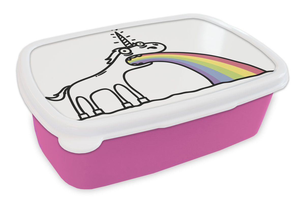 MuchoWow Lunchbox Eine Illustration eines Einhorns, das einen Regenbogen ausspuckt -, Kunststoff, (2-tlg), Brotbox für Erwachsene, Brotdose Kinder, Snackbox, Mädchen, Kunststoff rosa