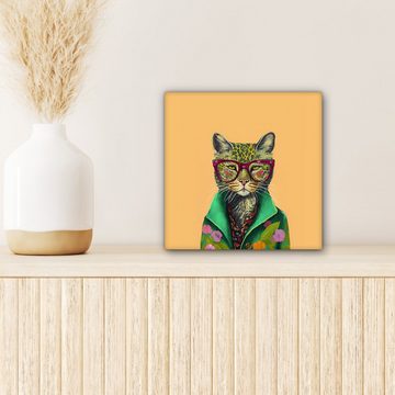 OneMillionCanvasses® Leinwandbild Tiere - Katze - Brille - Blumen - Hippie, (1 St), Leinwand Bilder für Wohnzimmer Schlafzimmer, 20x20 cm