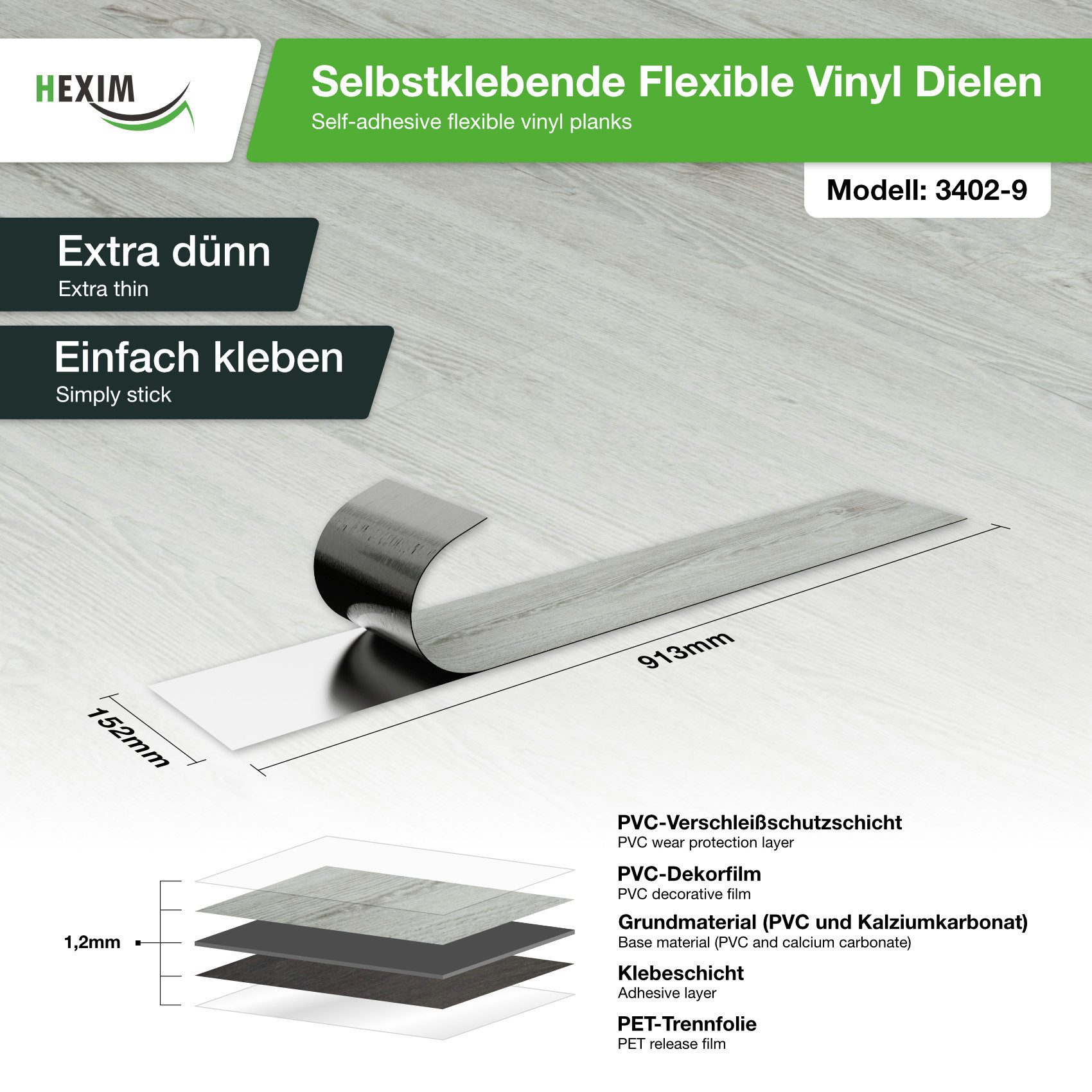 Hexim Vinylboden, Vinyldielen 0,97m² selbstklebend PVC Wandverkleidung Bodenbelag Holzoptik 91x15cm Paneele für Wand & Boden Holzdielen grau (7 Dielen Frosted Oak - 3402-9)