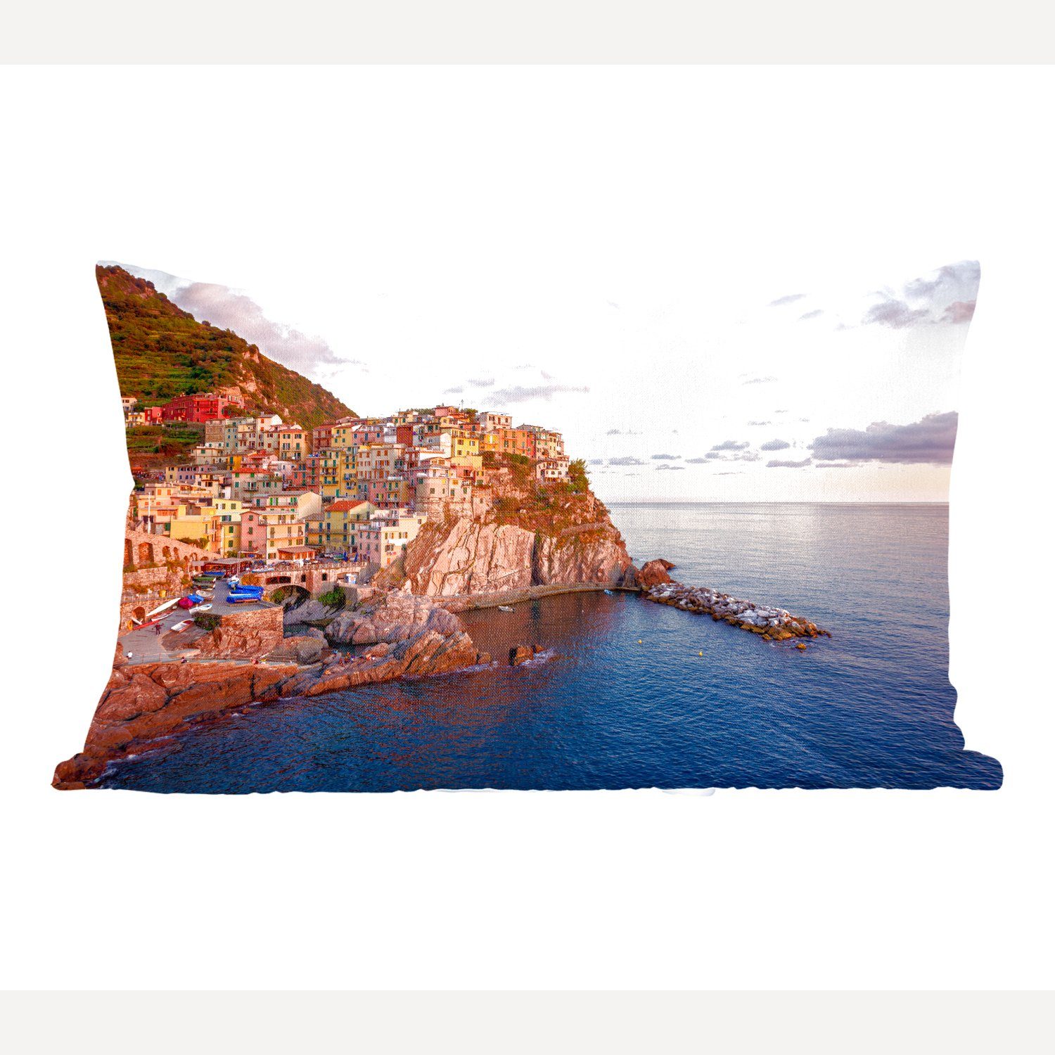 MuchoWow Dekokissen Eine orangefarbene Cinque Terre bei tiefstehender Sonne in Italien, Wohzimmer Dekoration, Zierkissen, Dekokissen mit Füllung, Schlafzimmer