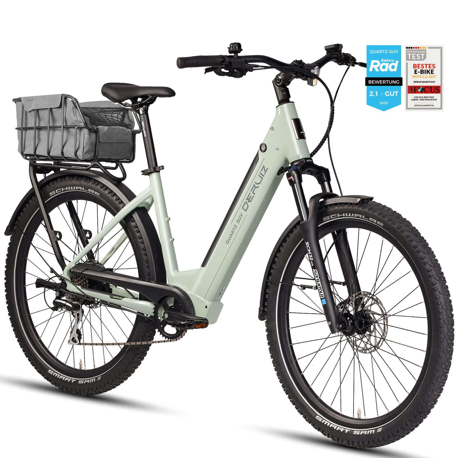 DERUIZ E-Bike Trekkingrad Quartz SUV 27,5 Zoll, bis 160 km, Drehmomentsensor, RH 46 cm, 8 Gang Shimano Shimano Acera RD-M360 SGS, 8-Gang Schaltwerk, Kettenschaltung, Heckmotor 250W, 644 Wh, (5 Stufen,Lockout-Federgabel,LCD-Farb-Display,120 Lux Frontlicht), Tiefeinsteiger, SUV-Design, Unisex, Drehmomentsensor 55 Nm