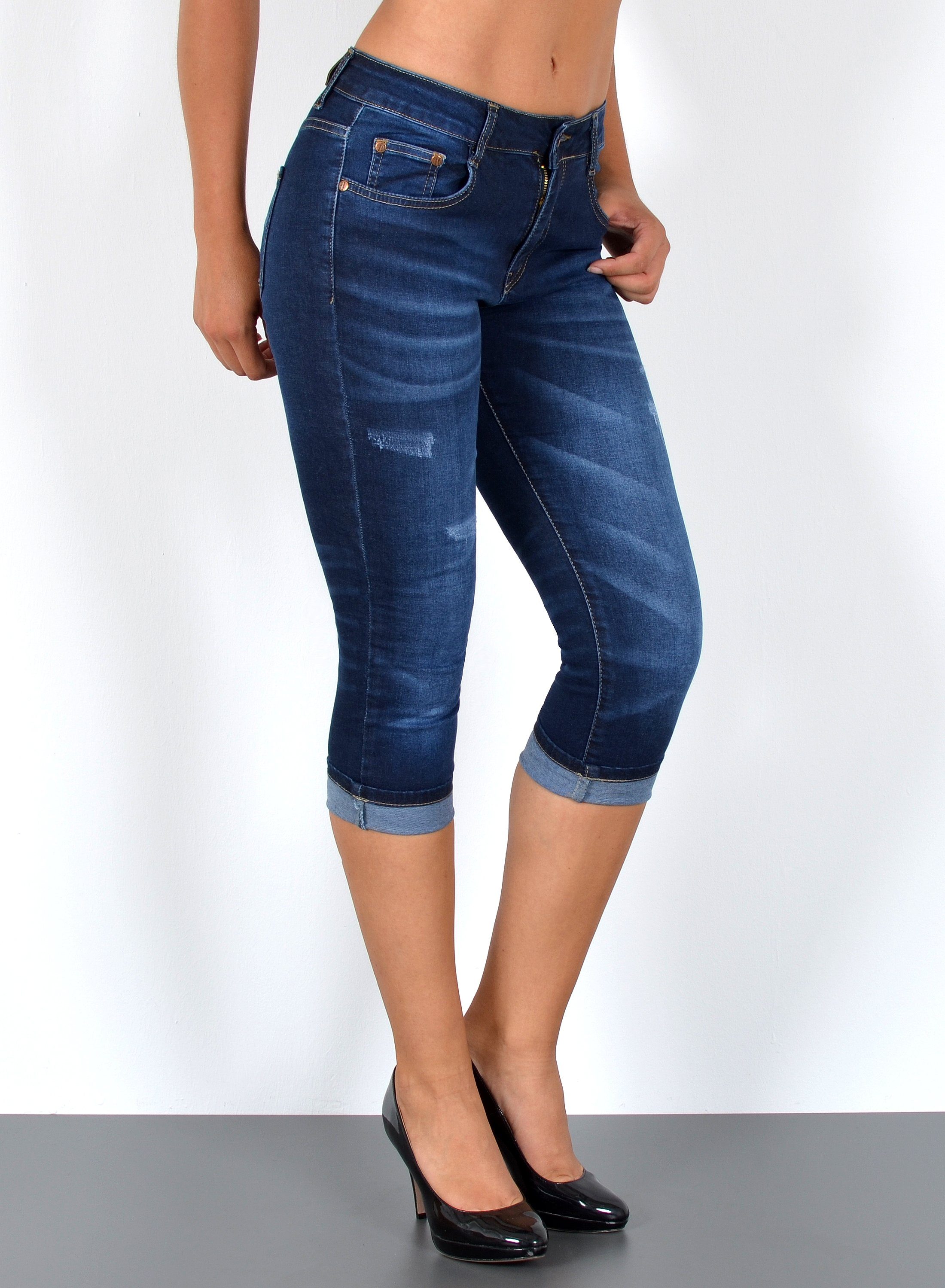 ESRA Caprijeans Damen Jeans Capri Hose High Waist Jeans Damen mit hoher Leibhöhe J374 3/4 Jeans Damen Capri Sommer-Hose Jeans Shorts Damen kurze Jeans