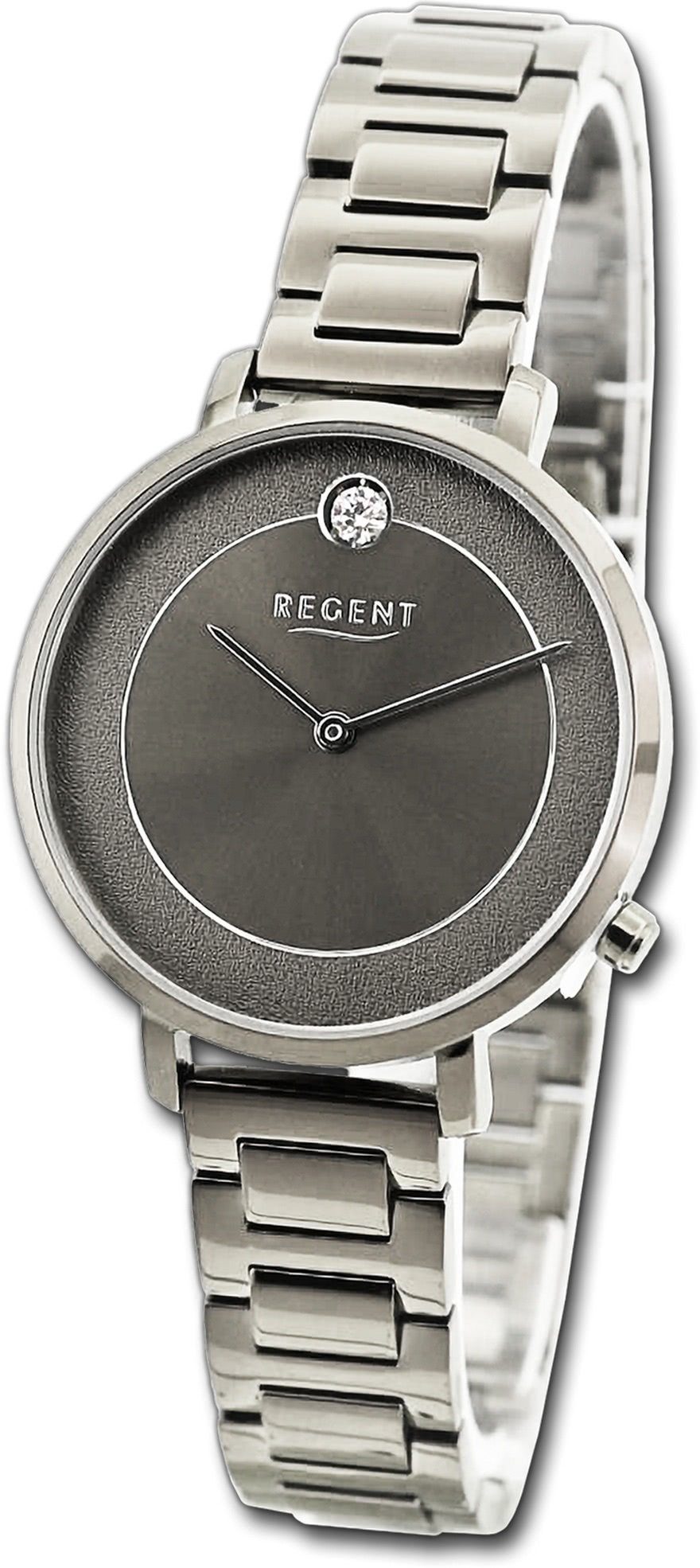 Regent Quarzuhr Regent Damen Armbanduhr Analog, Damenuhr Metallarmband silber, rundes Gehäuse, extra groß (ca. 35mm)
