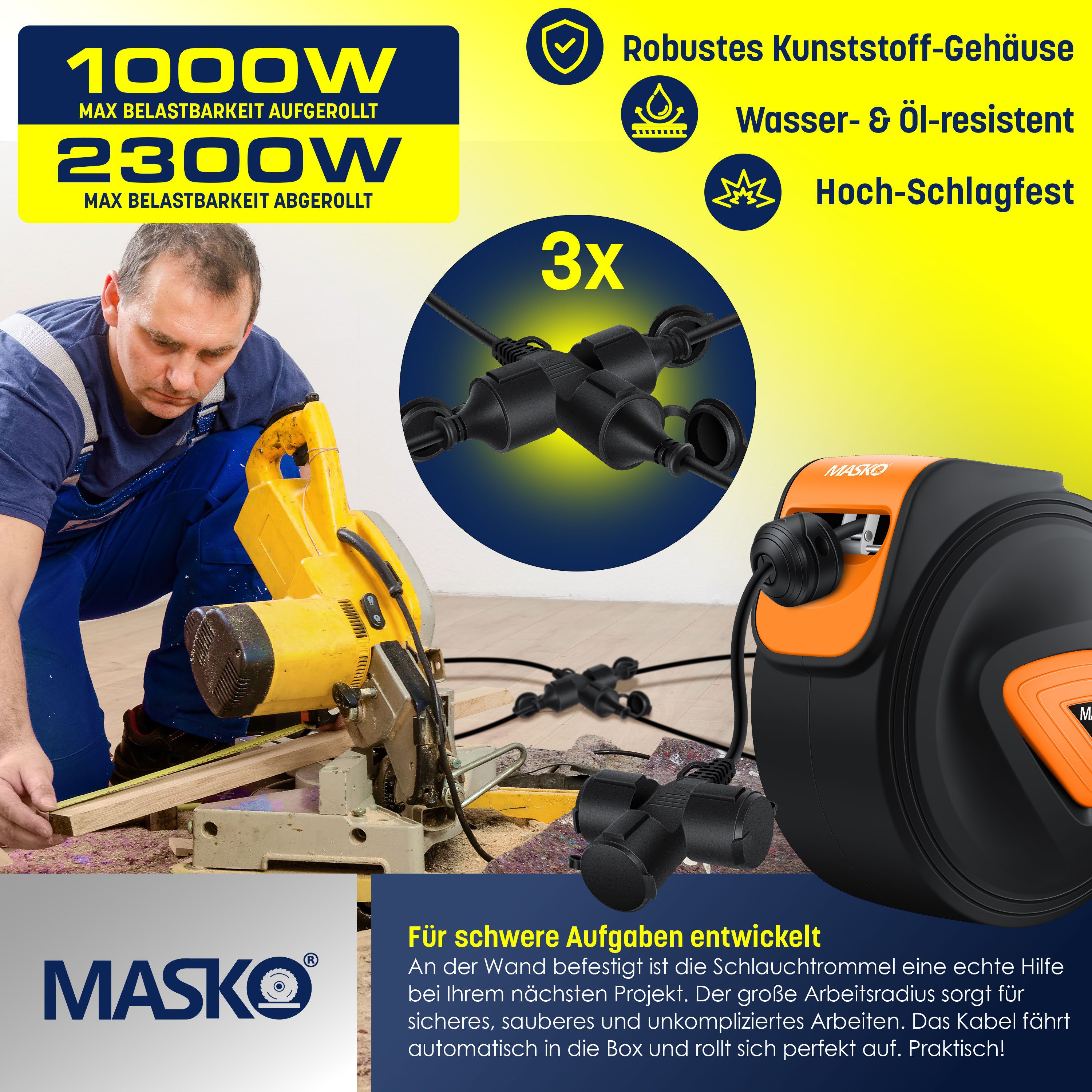 MASKO Verlängerungskabel, (15 cm), Automatik Kabeltrommel Verlängerungskabel mit 3-Fach Anschluss