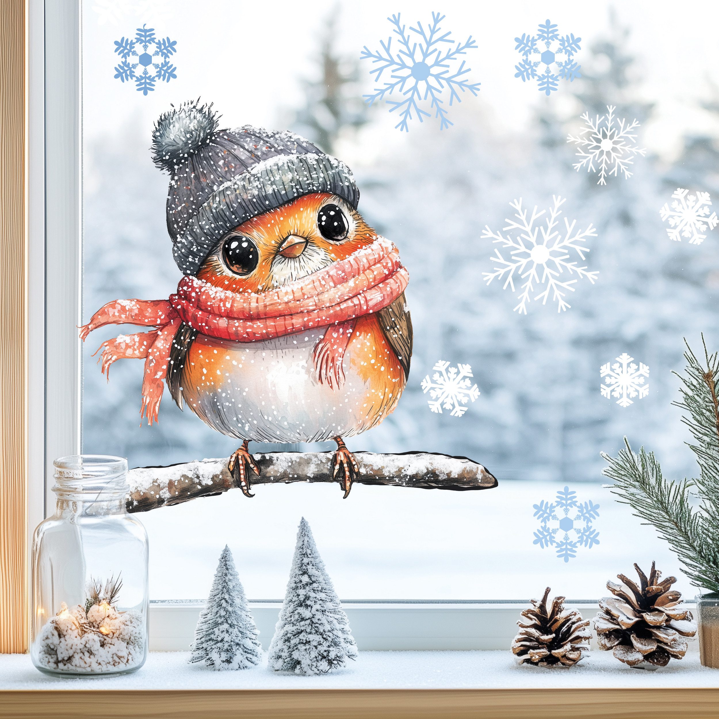 Sunnywall Fensterdekoration Kinderzimmer Fensterbild Winter Rotkehlchen günstig online kaufen