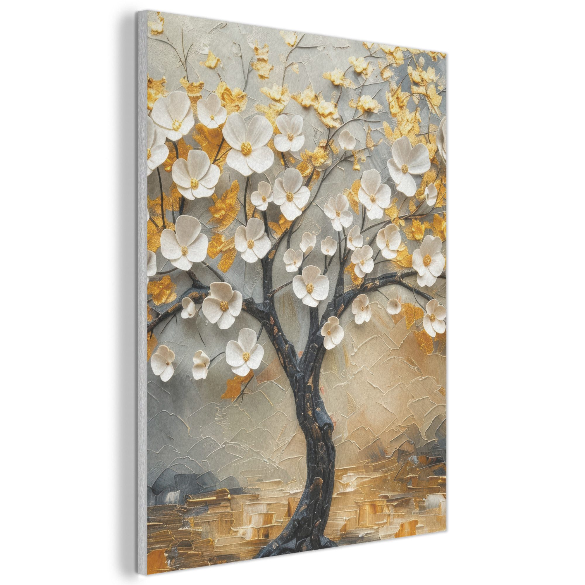 MuchoWow Gemälde Baum - Blumen - Gold - Beige, Fotodruck (1 St), Akustikpaneele, Wandpaneele, Schalldämmung, Akustikbilder 30x40 cm