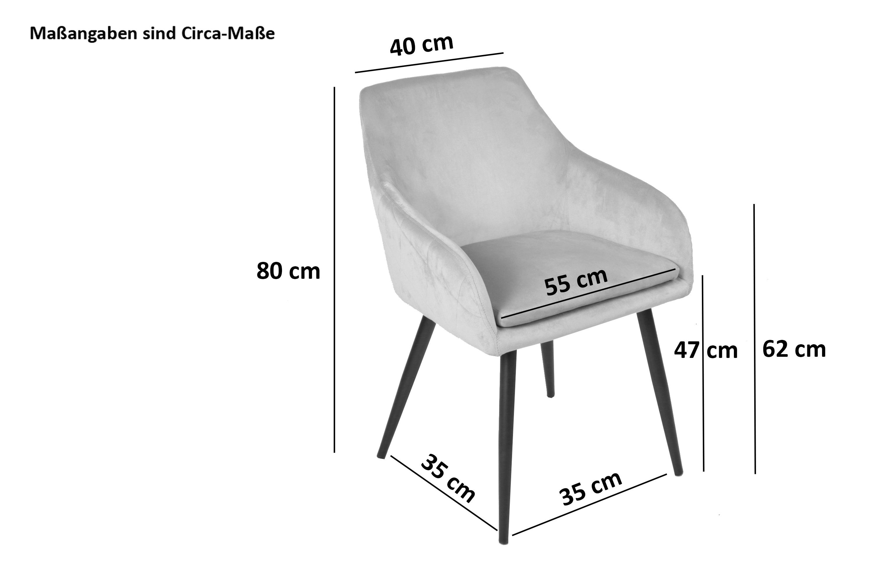Levi, und Junado® Trendiger Grau Sitzhöhe Stuhl 47 mit Absteppungen, Samtbezug Armlehnstuhl cm