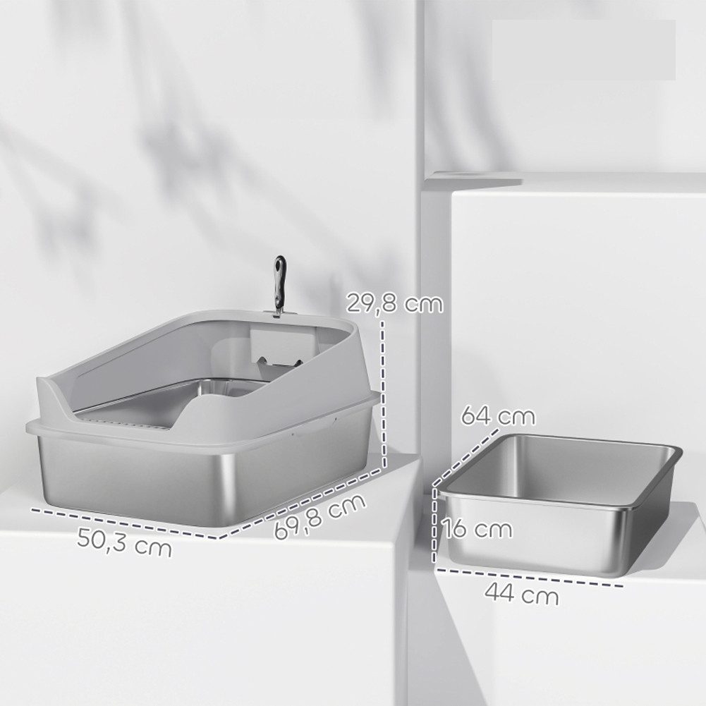 FANNOU Katzentoilette für große Katzen bis 12 kg, 69,8 x 50,3 x 29,8 cm, Edelstahl Offene Katzenklo mit Schaufel hohem Rand