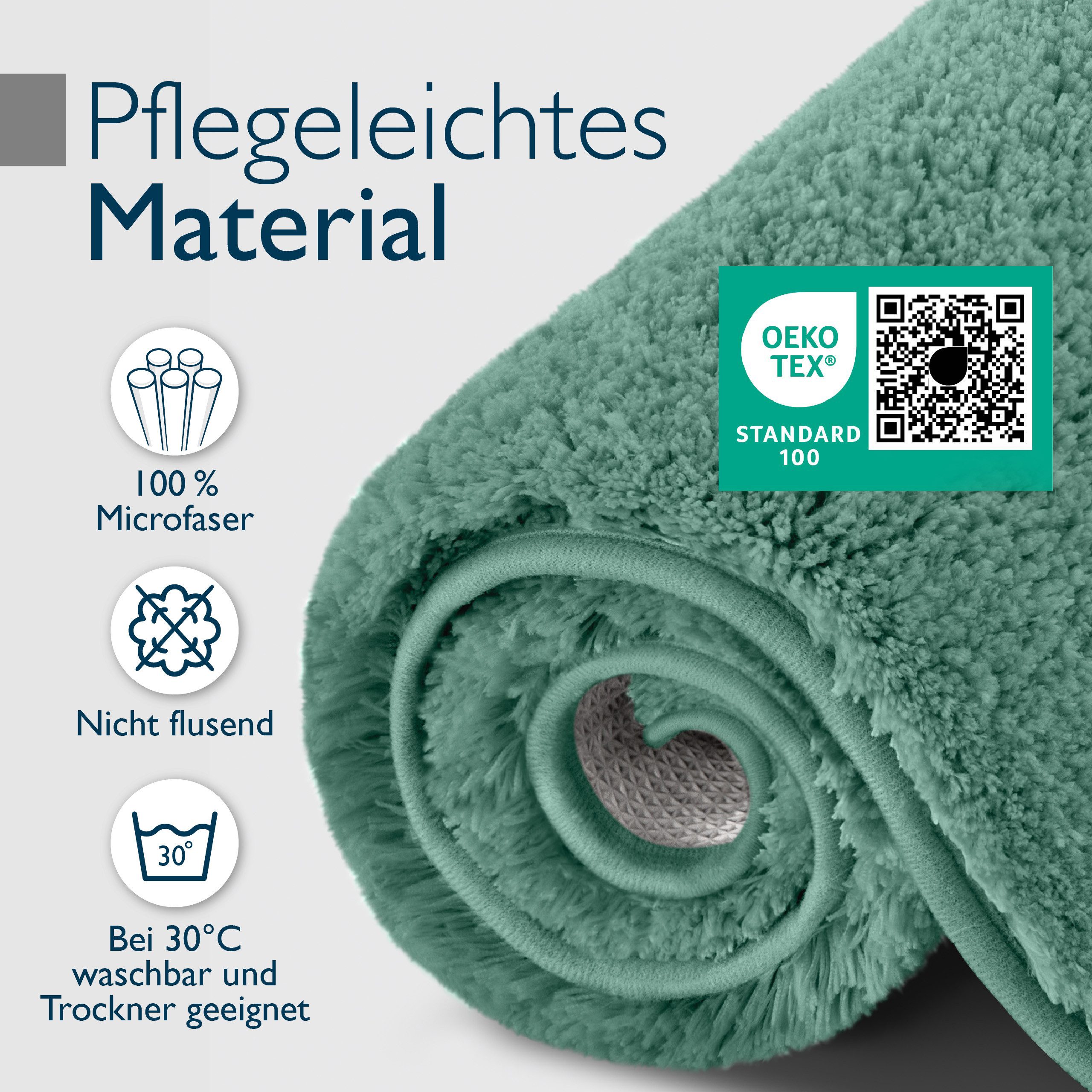 Beautissu Badematte Badematte rutschfest BeauMare FL, 60x50cm, Mintgrün, Höhe 30 mm, Polyester, 60x50 cm Duschvorleger Hochflor Badteppich rutschfest Waschbar S – Bild 5 von 5