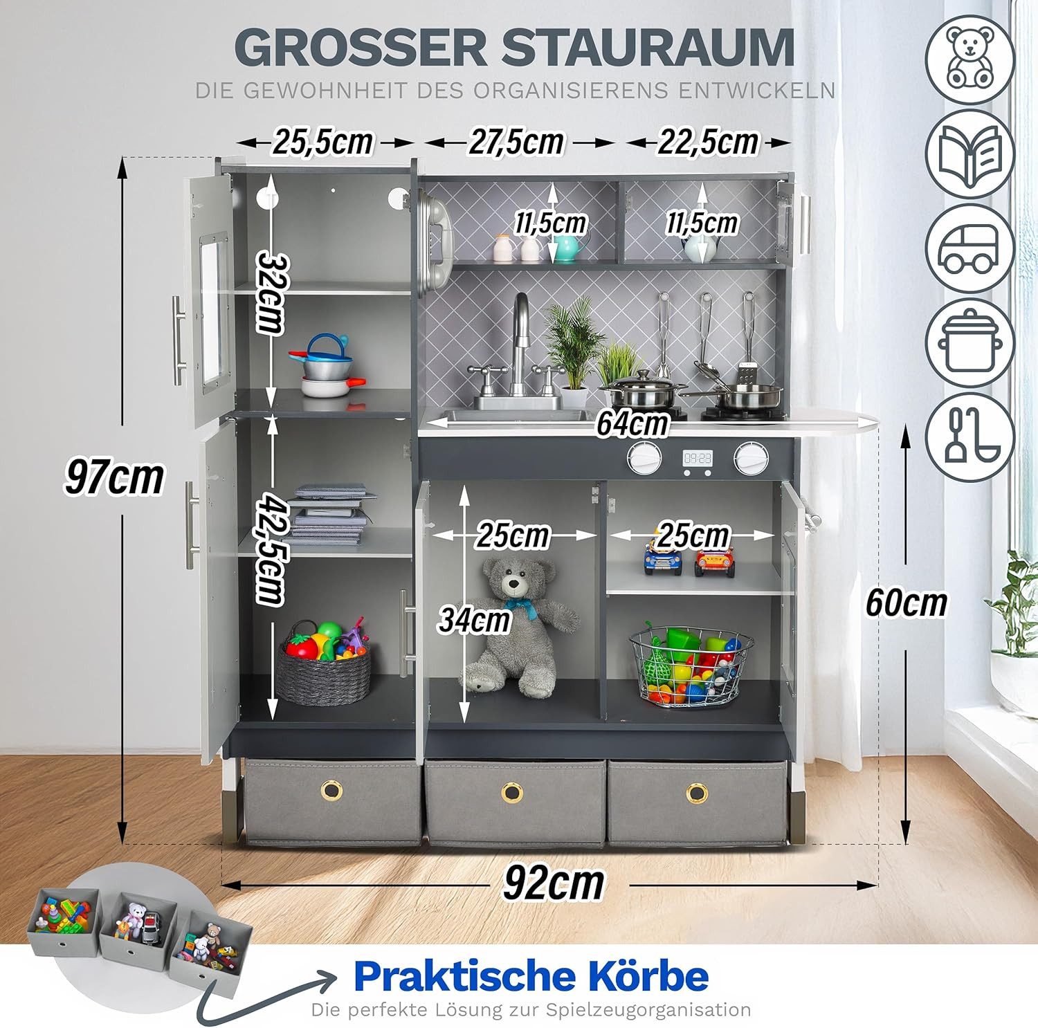 Green Series Spielküche Große Holz Spielküche – LED & Sound – Kinderküche höhenverstellbar Holz, mit Sound