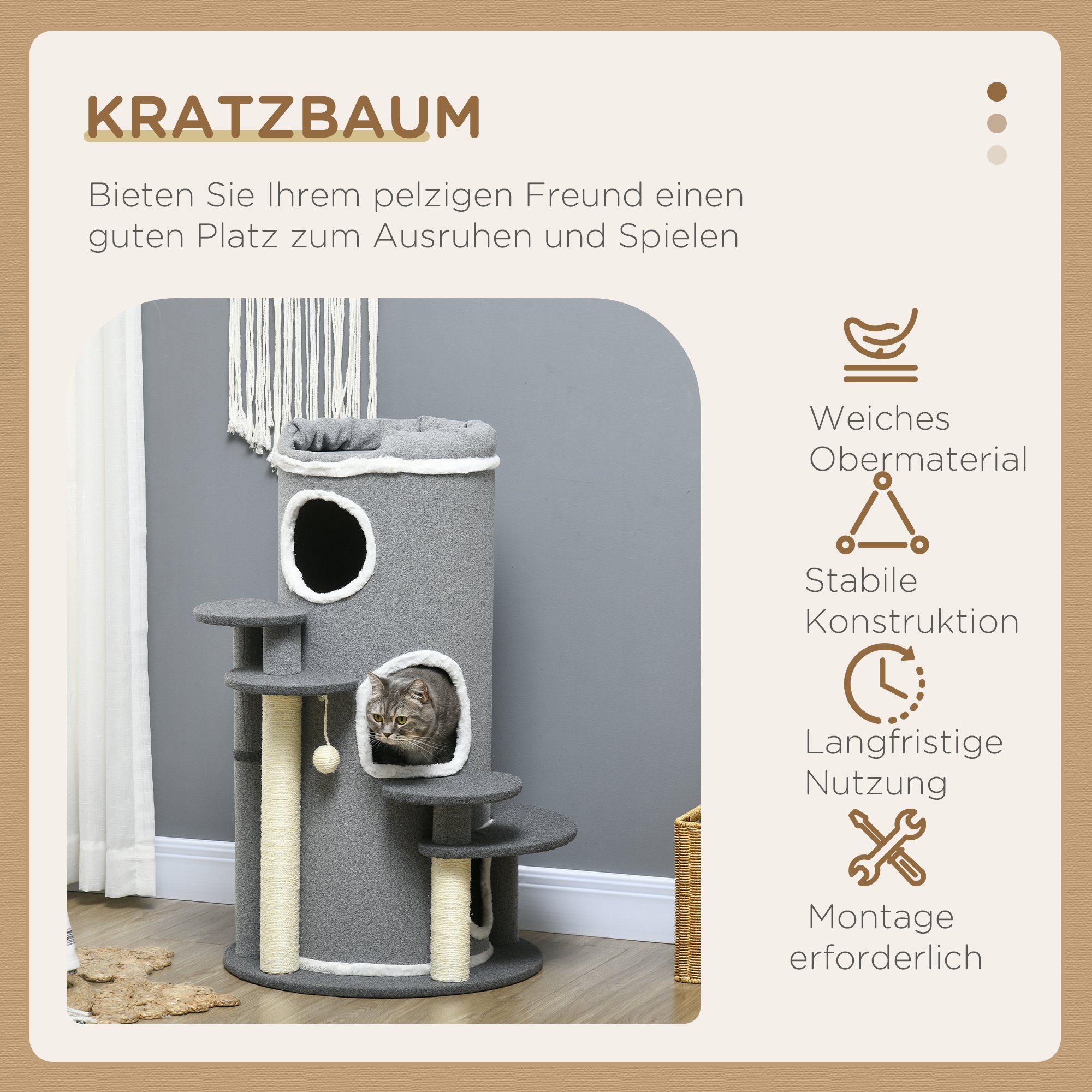 PawHut Kratzbaum Kratztonne Katzenbaum mit Katzenbett, Kletterbaum mit Spielball, Grau, Grau, Ø57 x 99H cm – Bild 4 von 5