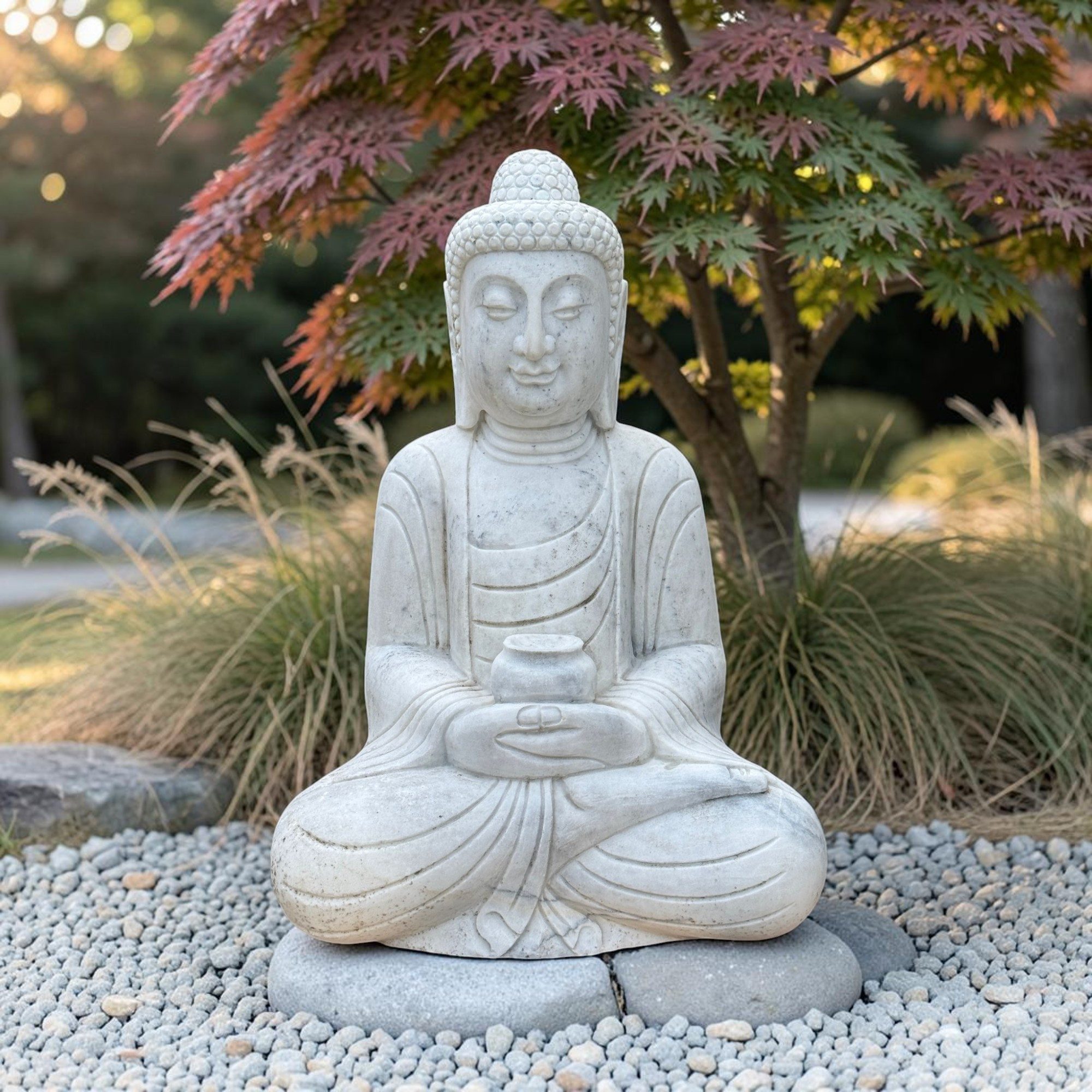 Asien LifeStyle Buddhafigur Marmor Buddha Garten Skulptur meditierend – Weiße Statue 61cm