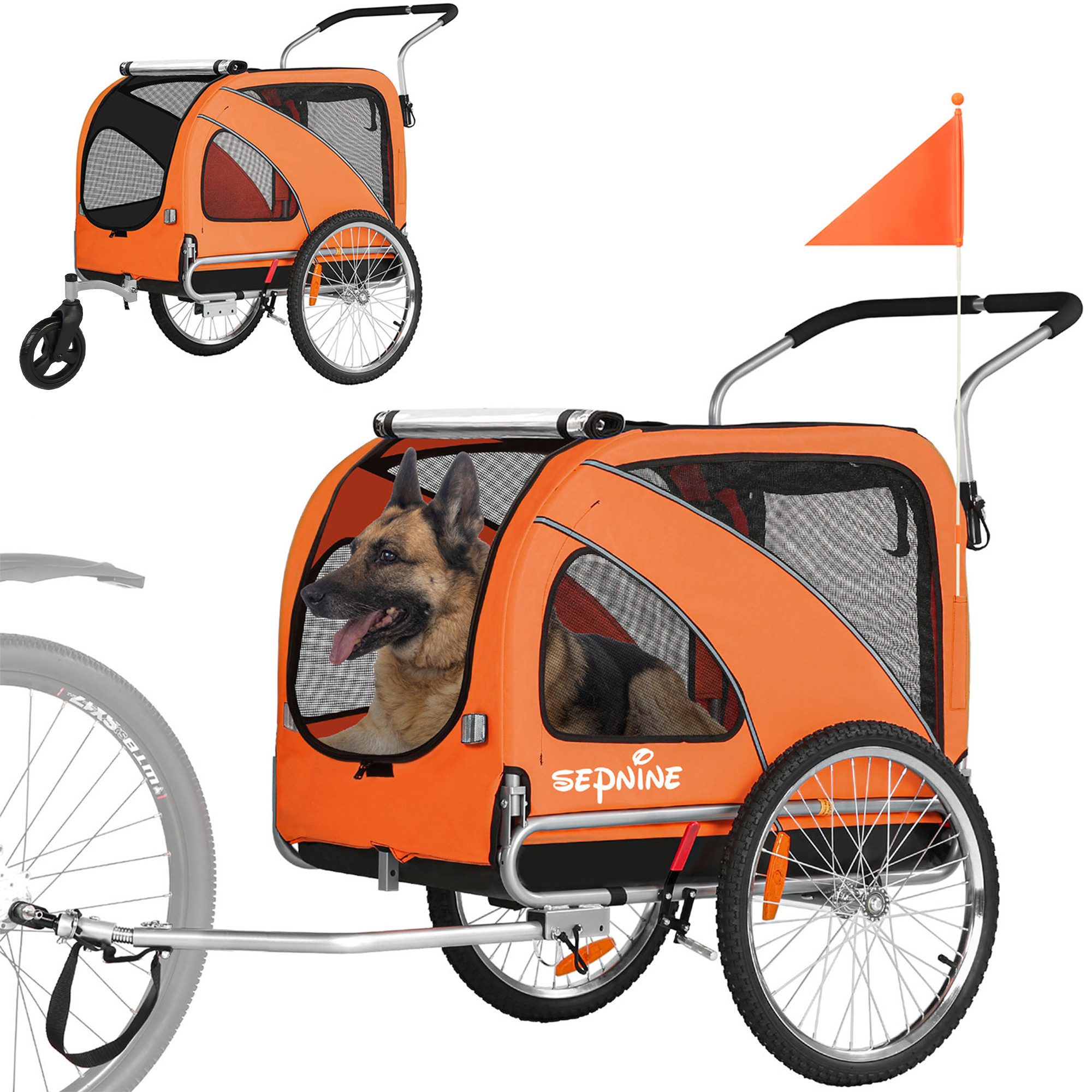SEPNINE Fahrradhundeanhänger 2 in 1 Faltbarer Anhänger mit Feststellbremse, für M/XL Hunde