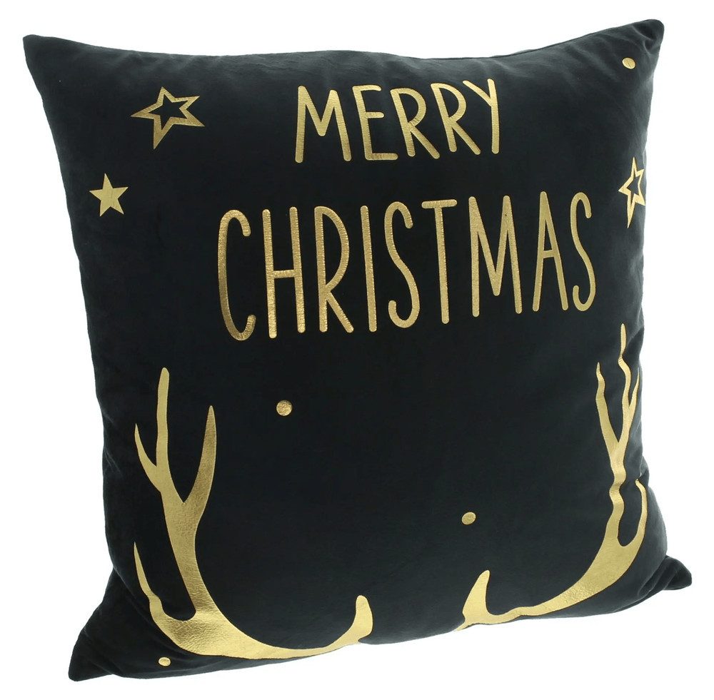 Home-trends24.de Kissenhülle Hirsch Geweih Merry Christmas Kissenbezug Kissenhülle schwarz gold