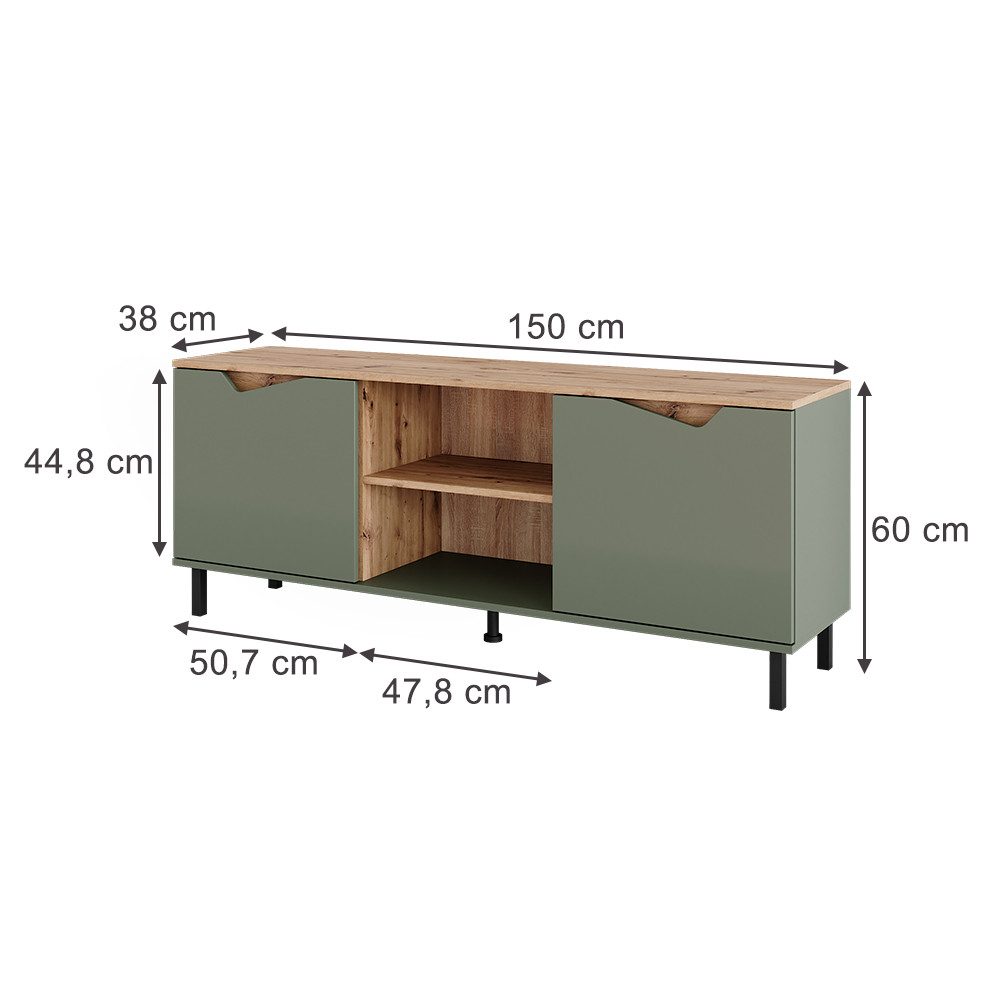 Vicco Lowboard Marelle, Grün/Artisan/Artisan, 150 x 60 cm mit 2 Türen (1 St)