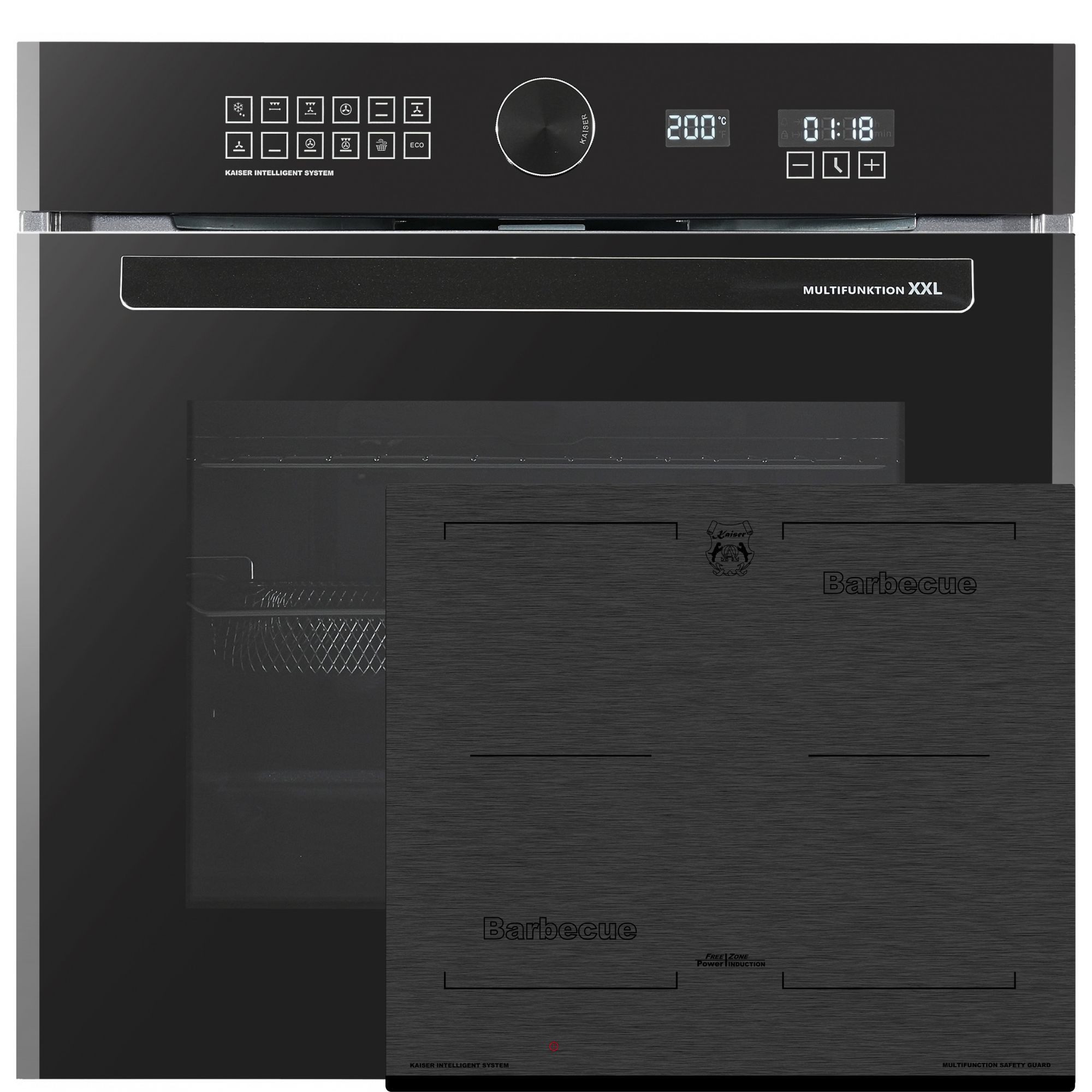 Kaiser Küchengeräte Backofen-Set Herd Set Autark Einbau Elektrobackofen XXL 79L Air Fry Pizzastein Heißluftsystem Selbstreinigung Schwarz+Induktions-Kochfeld, Glaskeramik mit Facetten, Autark Herd Power Booster 60 cm Barbecue EH 6452+KCT 6700 FI, mit 1-fach-Teleskopauszug