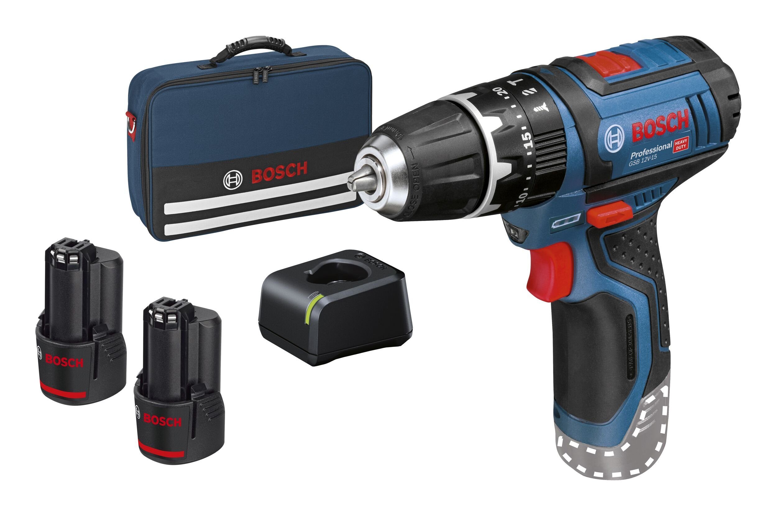 Bosch Professional Akku-Schlagbohrschrauber GSB 12V-15, 12 V, Mit 2x Akku 2 Ah - im Karton