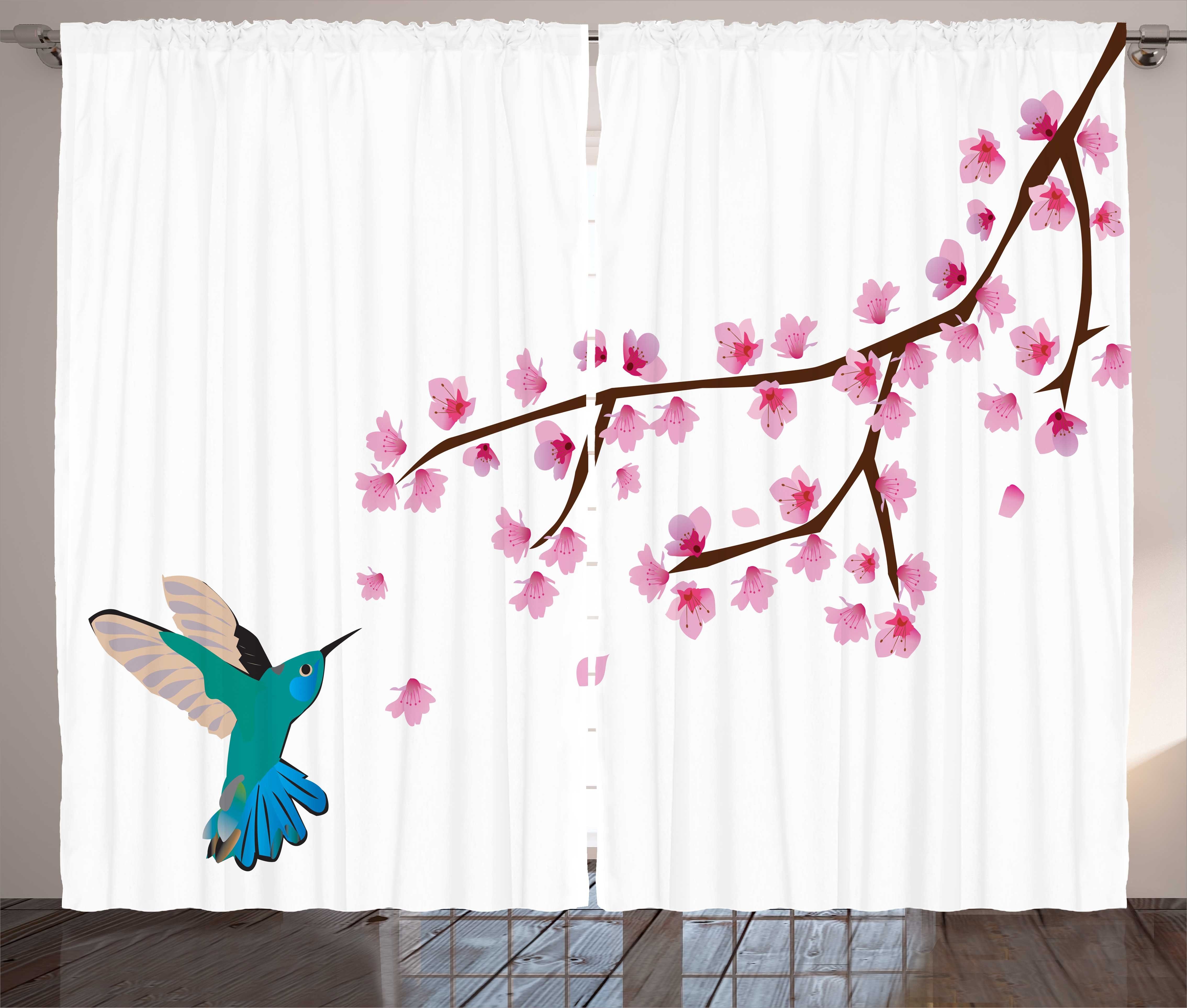 Gardine Schlafzimmer Kräuselband Vorhang mit Schlaufen und Haken, Abakuhaus, Frühling Kirschblüten und Vogel