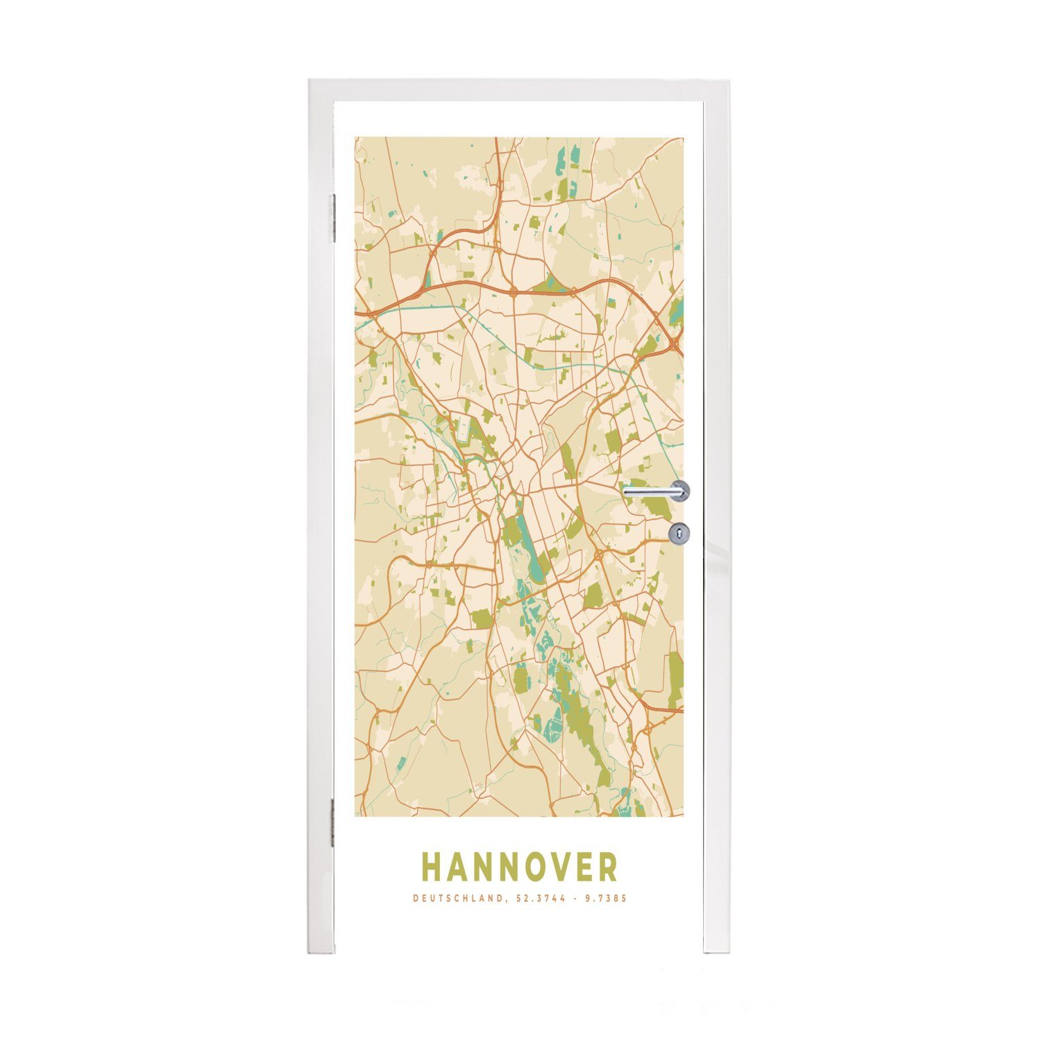 - Stadtplan - Vintage cm MuchoWow (1 Karte Türaufkleber, 75x205 bedruckt, - Fototapete - Tür, Karte, Türtapete St), Hannover Matt, für