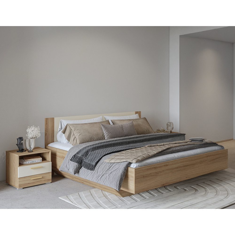Lomadox Schlafzimmer-Set VARESE-83, (Spar-Set, 3-tlg., Bettgestell klappbarer Lattenrost Nachtschränke), Eiche beige inkl. Lattenrost 180x200cm Liegefläche 2er Set Nachttisch
