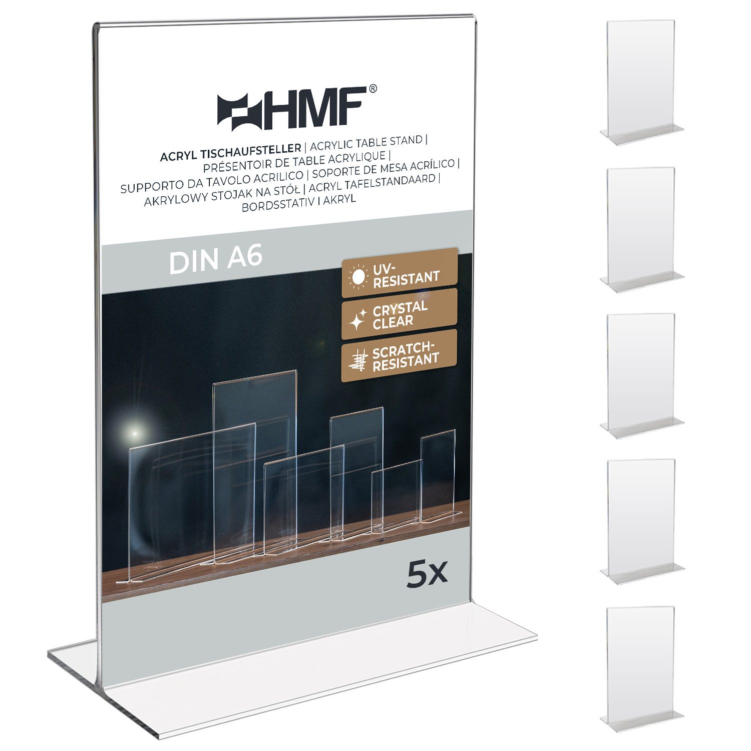 HMF Bilderrahmen Acryl Tischaufsteller im DIN A6 Hochformat, Menükartenhalter für, für 1 Bilder (5 St), Restaurants, Präsentation, T-Aufsteller, 5 Stück, Transparent