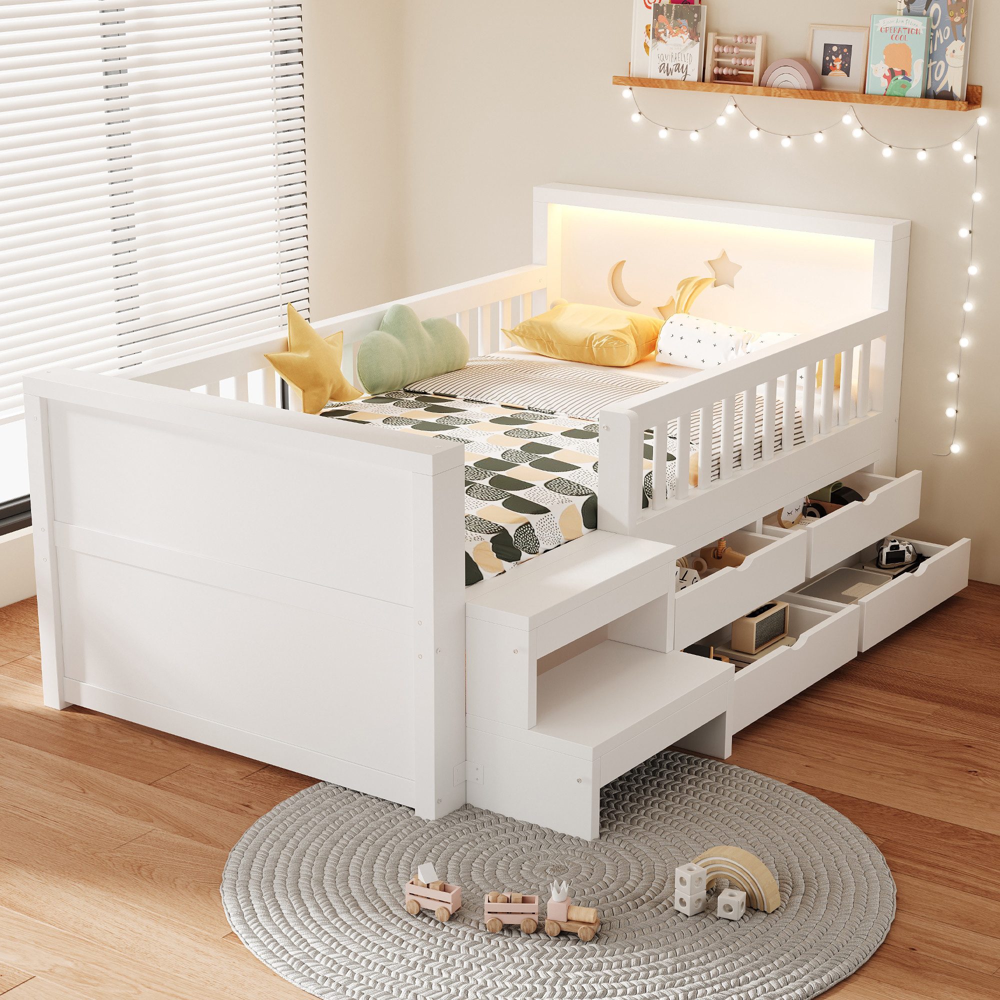 Flieks Kinderbett, Holzbett 90×200cm mit 4 Schubladen, Treppe, LED-Beleuchtung
