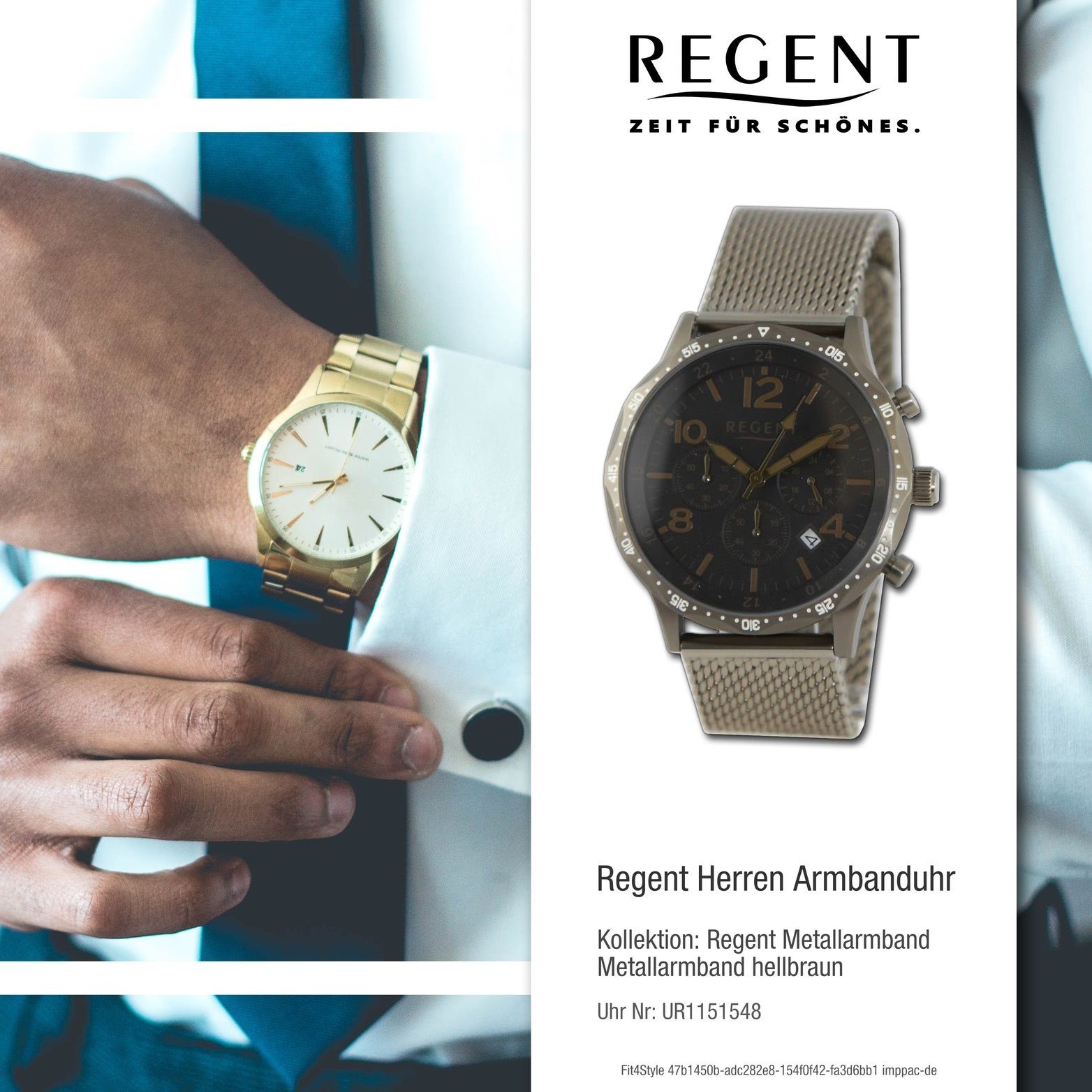 Quarzuhr Analog, hellbraun, extra Armbanduhr groß Regent Gehäuse, 44mm Herrenuhr Regent Herren rundes ca Metallarmband