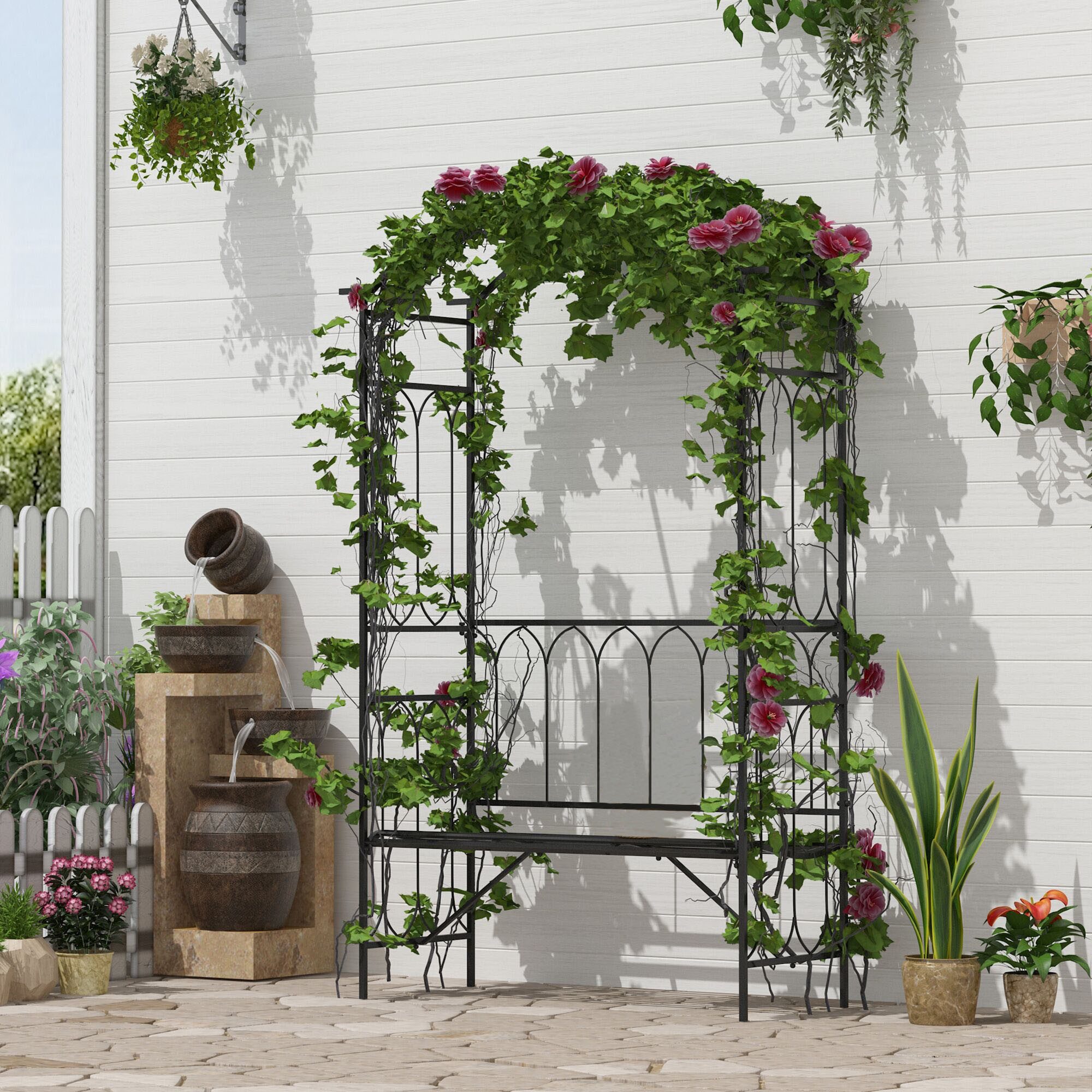 Outsunny Gartenbank Laubenbank Philosophenbank Rankgitter Rankhilfe (Rosenbank, 1-St., Rosenbogen mit Bank), Metall Schwarz 115 x 50 x 203 cm