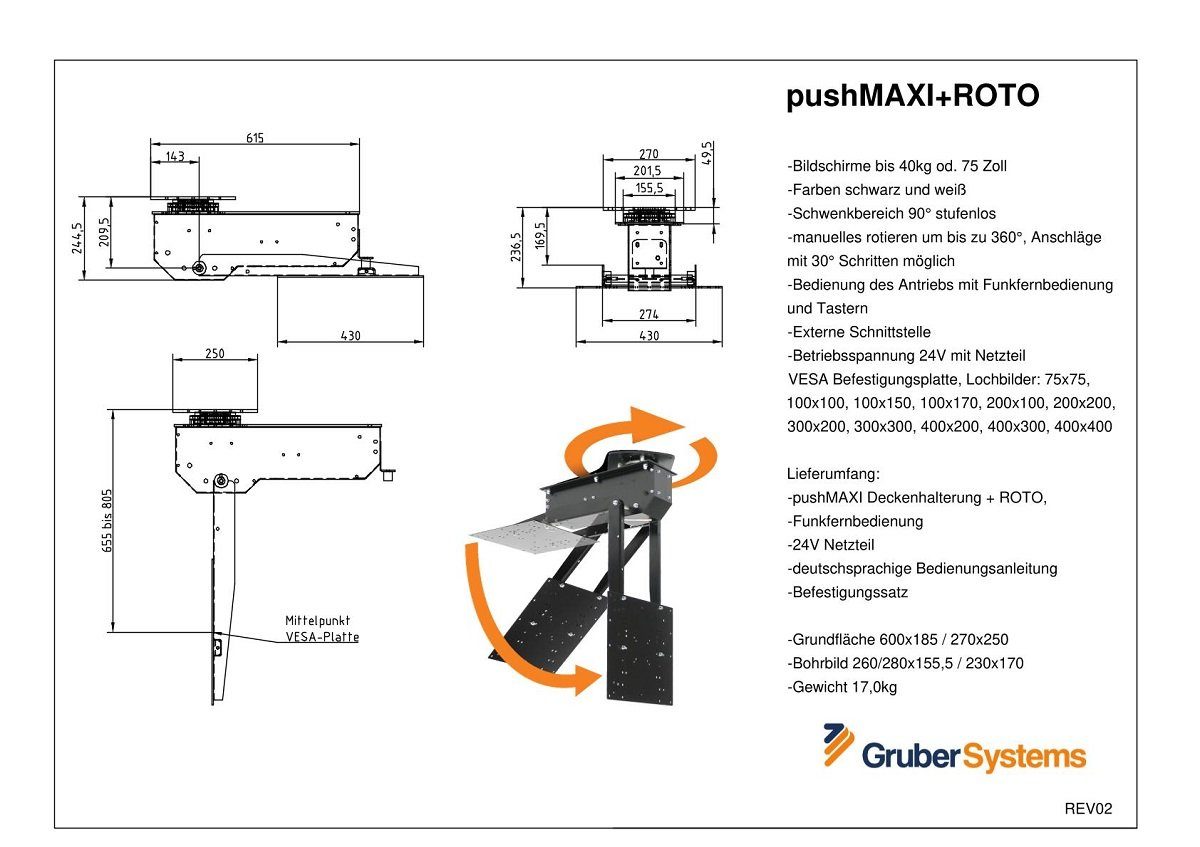 cleverUP pushMAXI-ROTO - elektrisch 75,00 bis und weiß (bis TV-Deckenhalterung, drehen drehen 360° 75Zoll Zoll, schwenken und teleskopieren) klappen