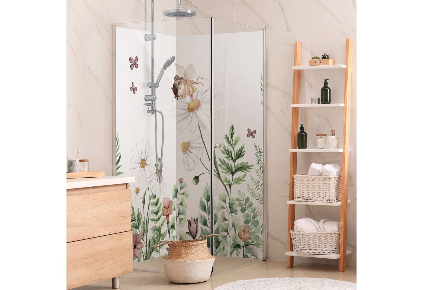 Thumbnail - Bilderdepot24 Badrückwand Blumen grün Duschrückwand ohne Bohren Dusche Aquarell, (2-tlg., Hart-Folie Smart matt 0,35 mm)...
