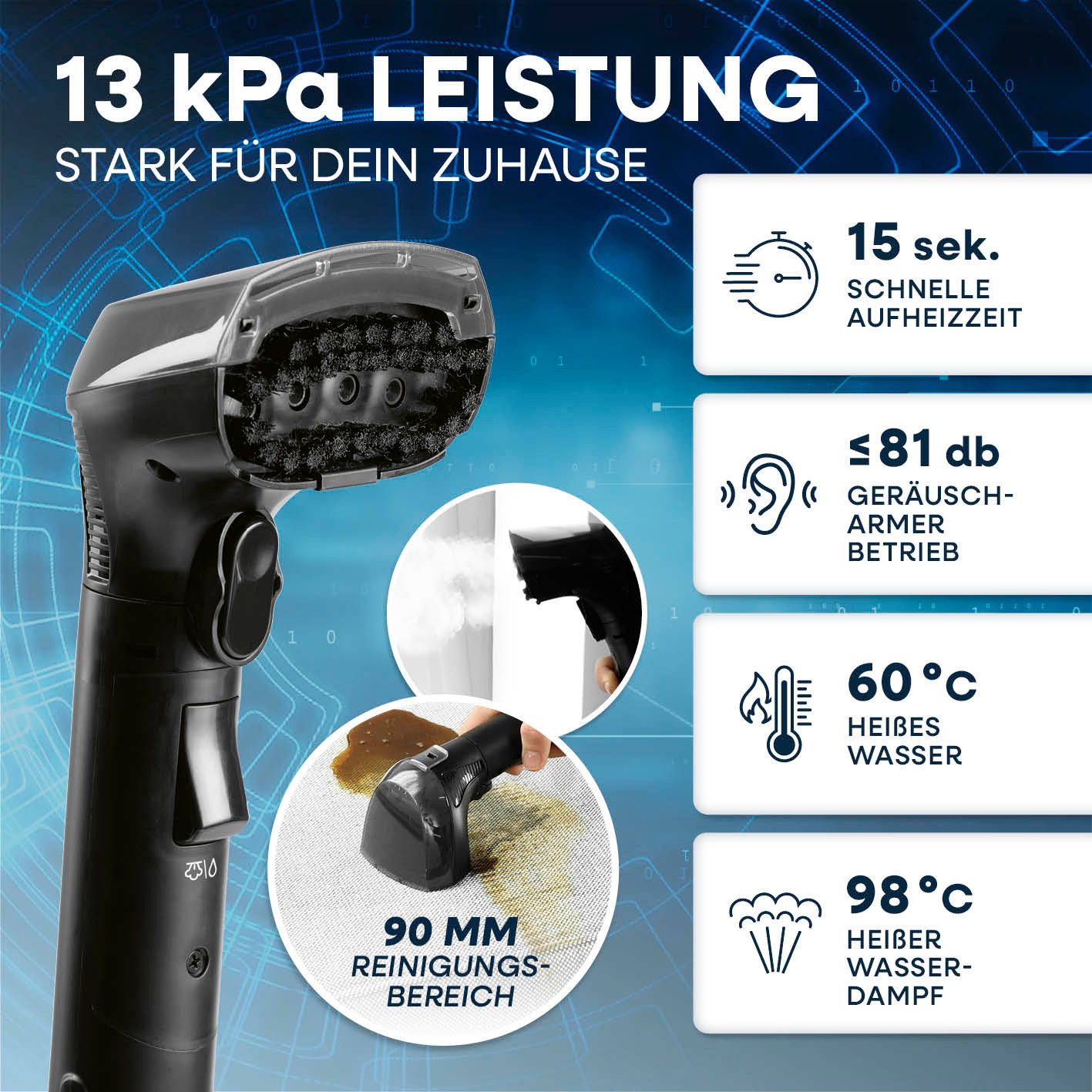 CLEANmaxx Teppichreinigungsgerät mit Dampffunktion 2000W und Voice Guide, 2000 W, Touchdisplay 4 Reinigungsmodi Matratze Teppich Boden Polster