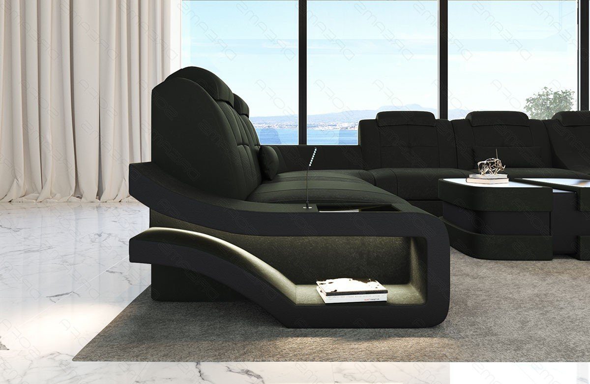 Dreams Stoffsofa, Sofa Wohnlandschaft Form Couch Polster wahlweise Stoff Sofa XXL darkgreen-schwarz mit Elegante Bettfunktion A