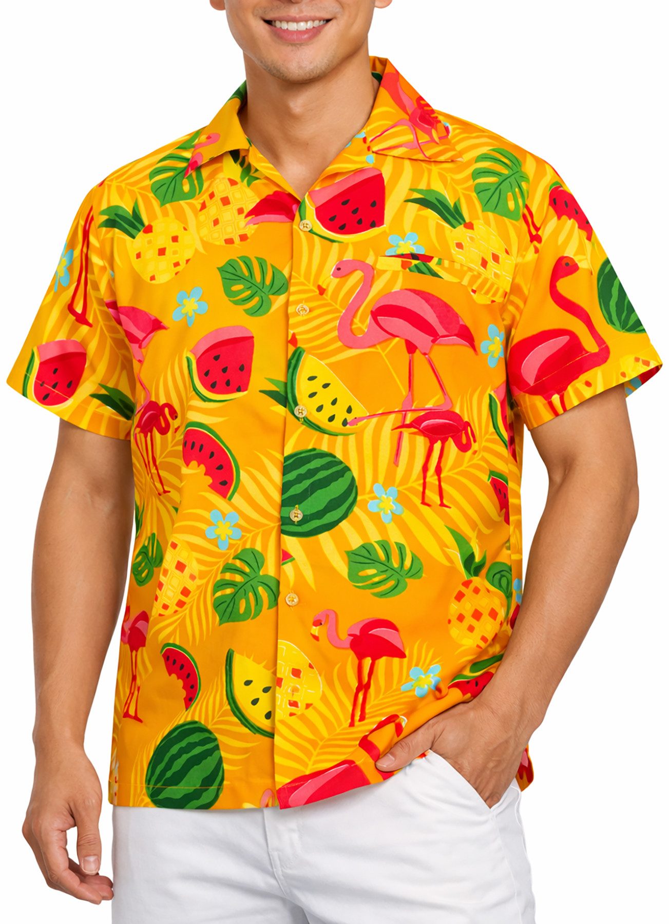 King Kameha Hawaiihemd Flamingo Melone Funky Hawaii-Hemd Herren Kurzarm Front-Tasche Stylish