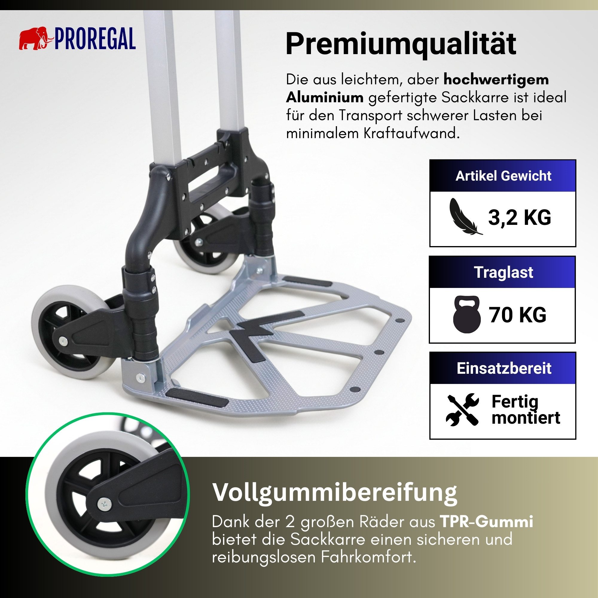 PROREGAL® Sackkarre ELEPHANT mit Profi-Alu-Rahmen klappbar ergonomisch Vollgummibereifung, Klappbare Sackkarre Transportkarre Staplerkarre hohe Traglast – Bild 3 von 5