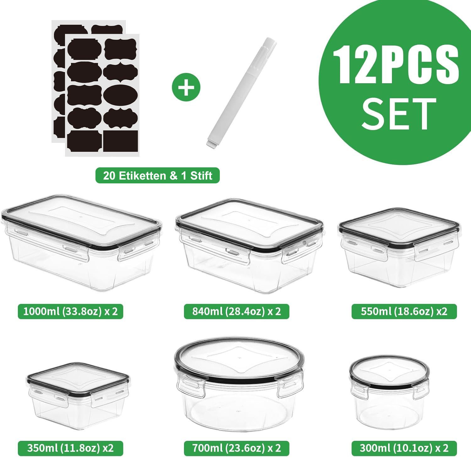 SURFOU Frischhaltedose 12 Stück Frischhaltedose Set mit Deckel Stapelbar Dosen Küche Set, (Aufbewahrungsbox), BPA-Frei Frischhaltedose für Mikrowellen und Kühlschrank