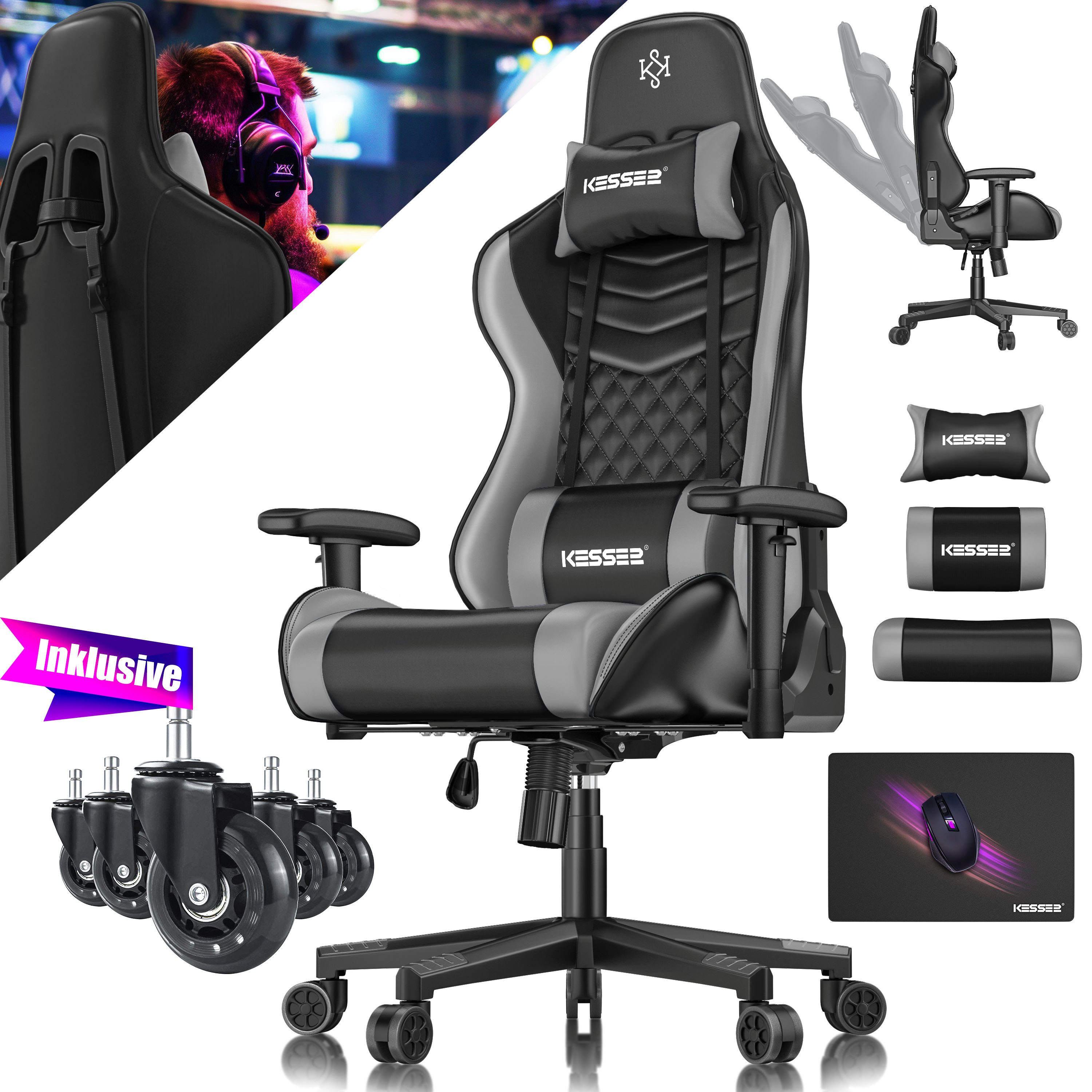 KESSER Gaming Chair, Ergonomisch Gamingstuhl 150kg belastbar Bürostuhl Lenden- & Kopfkissen