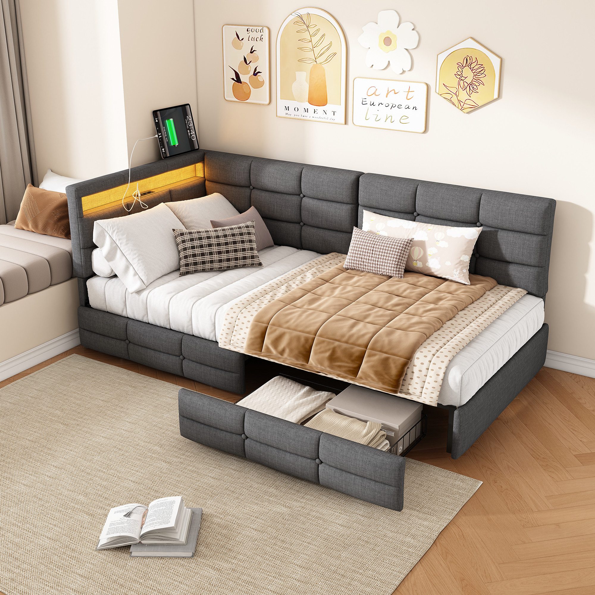 ADWOLT Schlafsofa Daybett Tagesbett Ausziehbares mit Bettfunktion, Multifunktionsbett,90x200 cm,2 Schubladen,Gepolstert,Grau,Leinenstoff – Bild 5 von 5